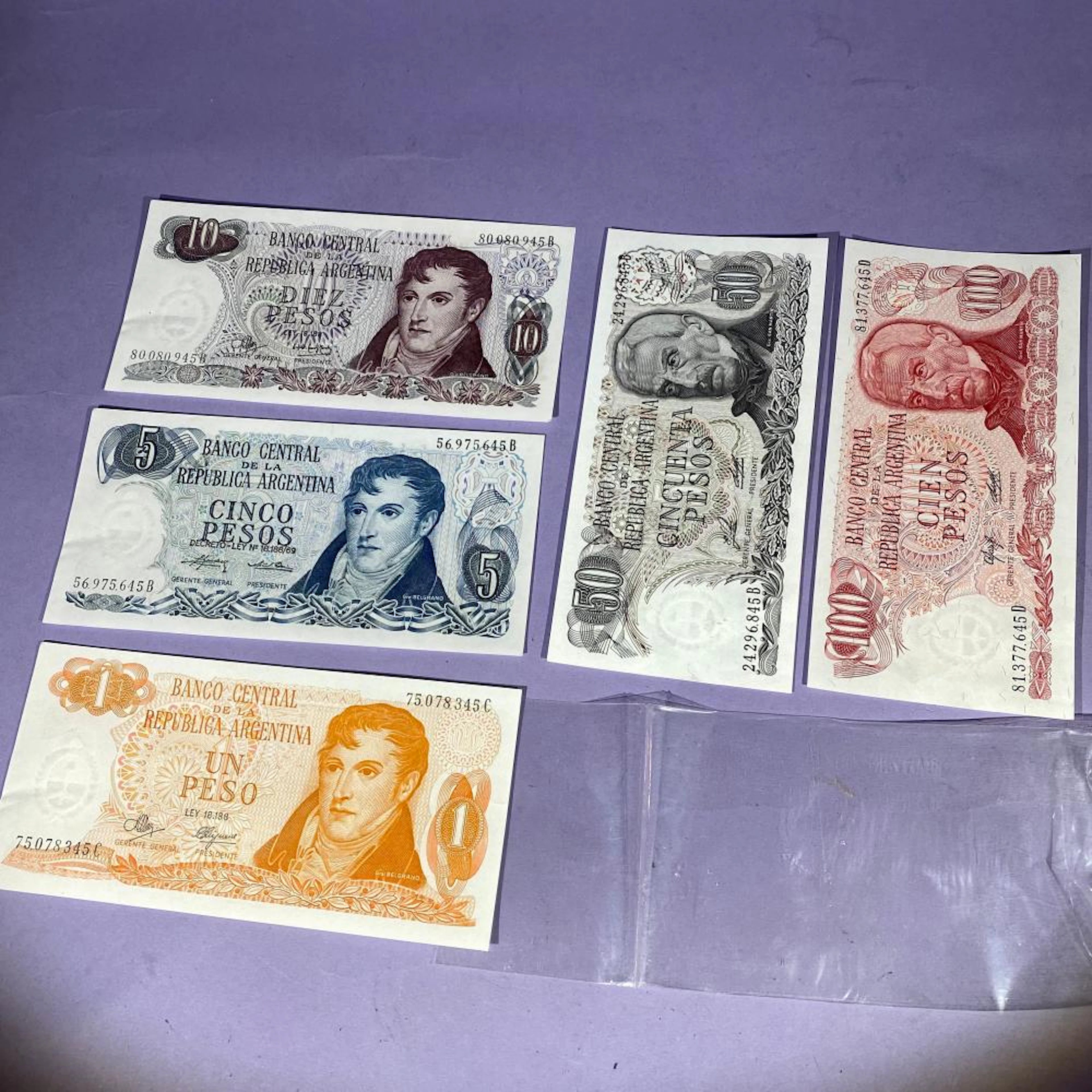 ARGENTINA 1-5-10-50-100 PESOS 1970-73 UNCIRCULATED