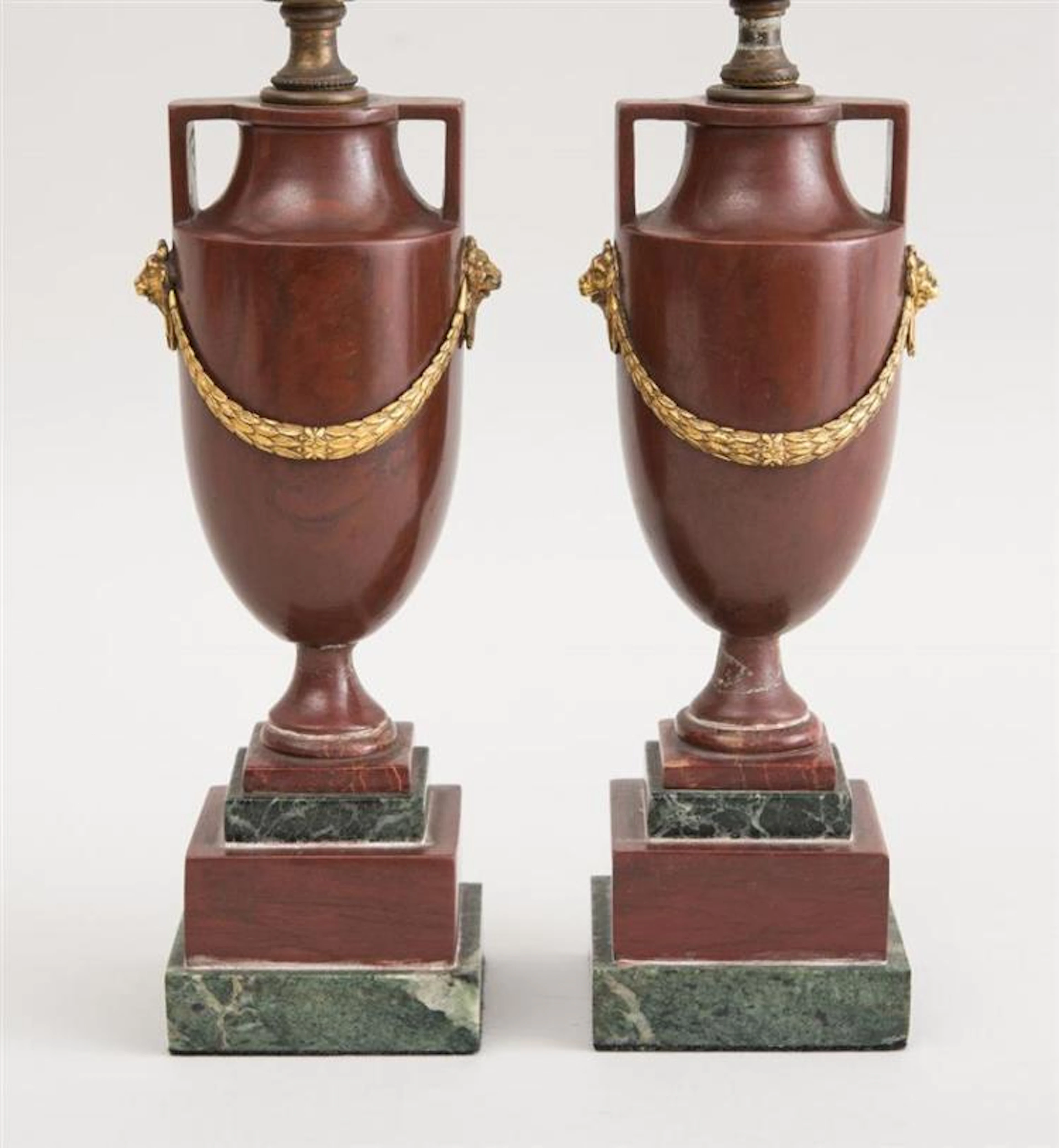 PAIR OF NEOCLASSICAL STYLE GILT-METAL MOUNTED RED-MARBLE URNS, MOUNTED AS LAMPS