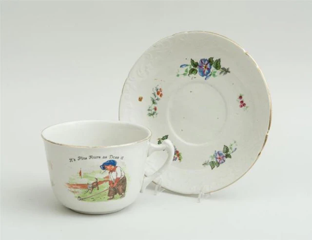 TRANSFER-PRINTED POTTERY CAFE AU LAIT CUP AND SAUCER