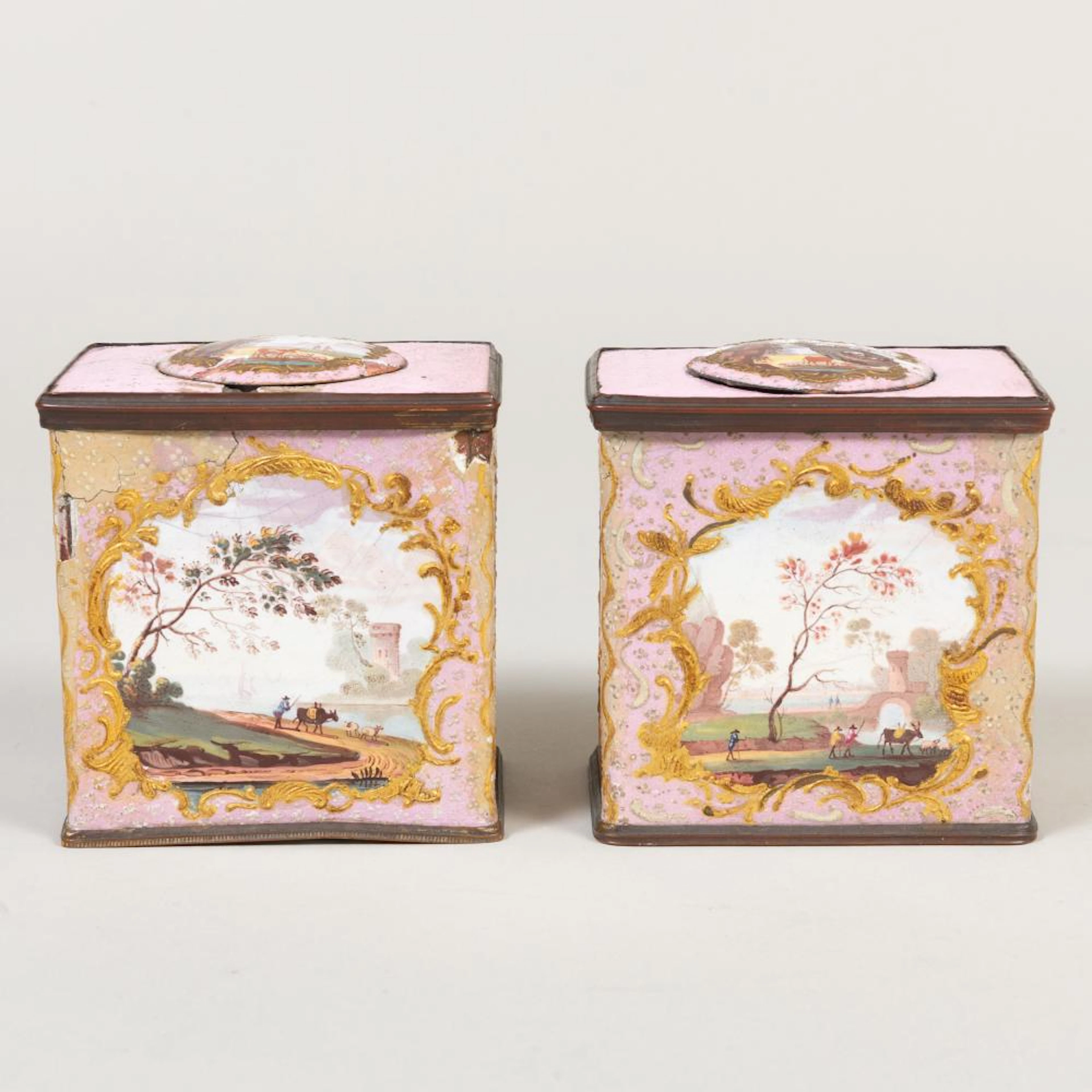 Pair of English Pink Ground Enamel Caddies
