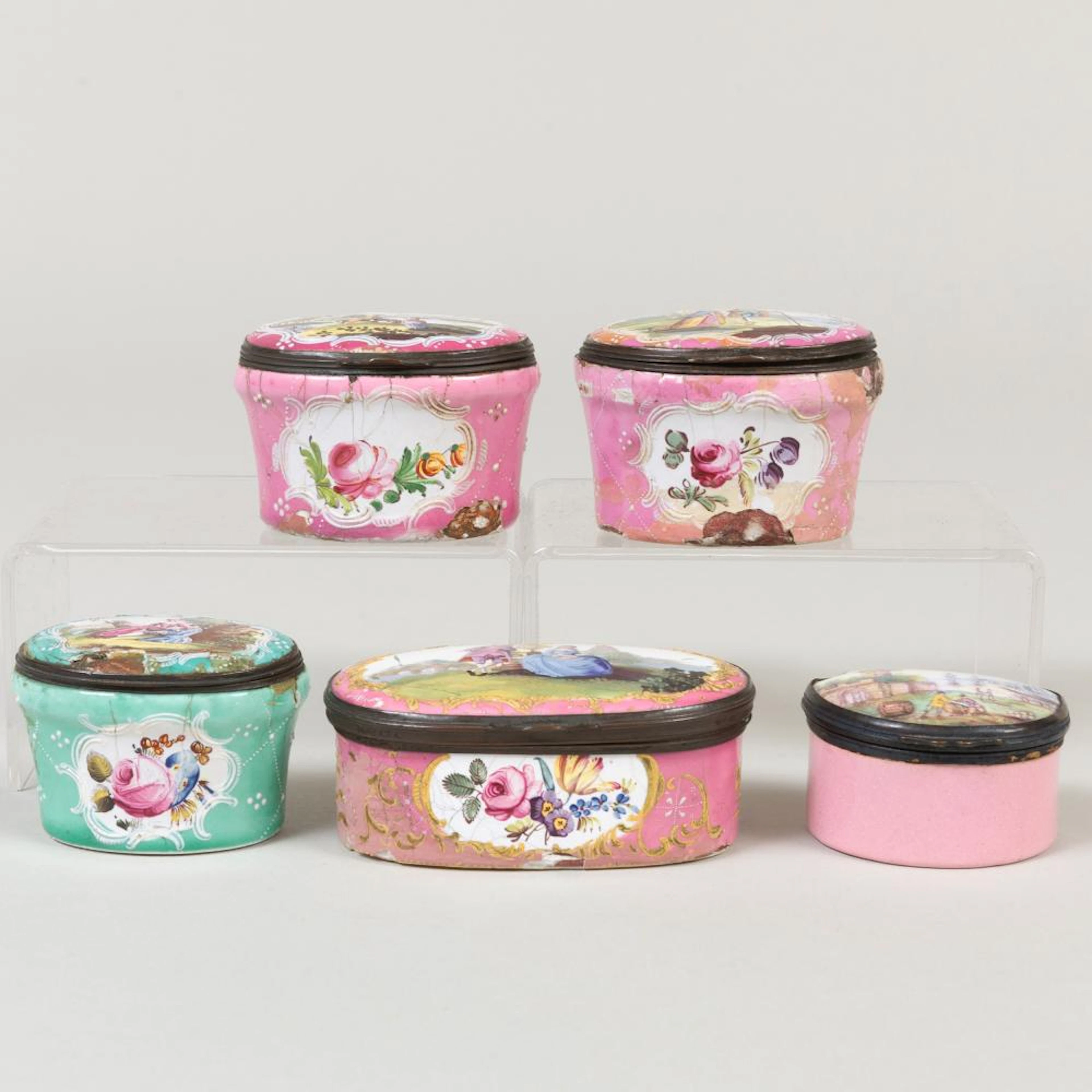 Group of Five English Enamel Snuff Boxes