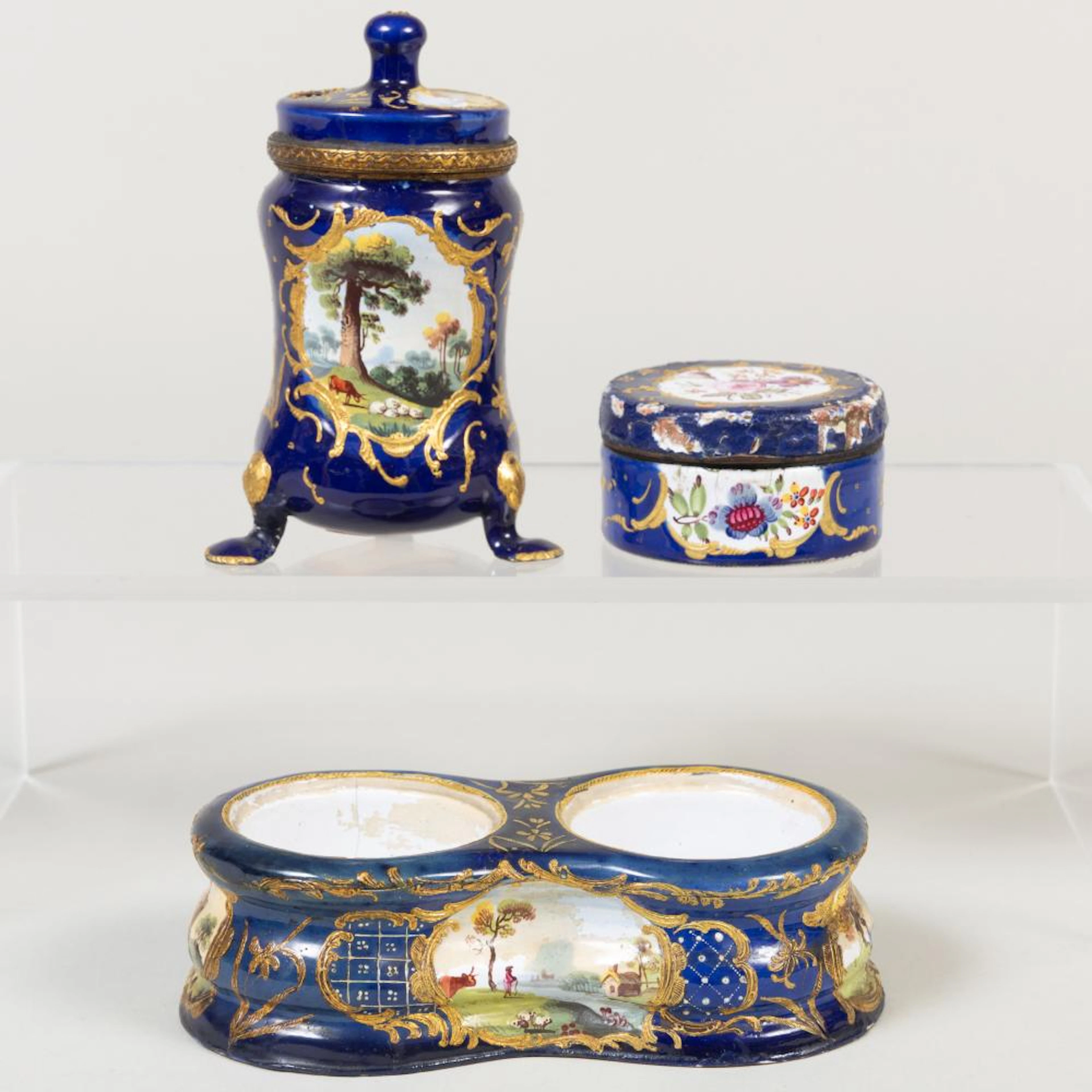 Group of English Cobalt Blue Ground Enamel Desk Articles