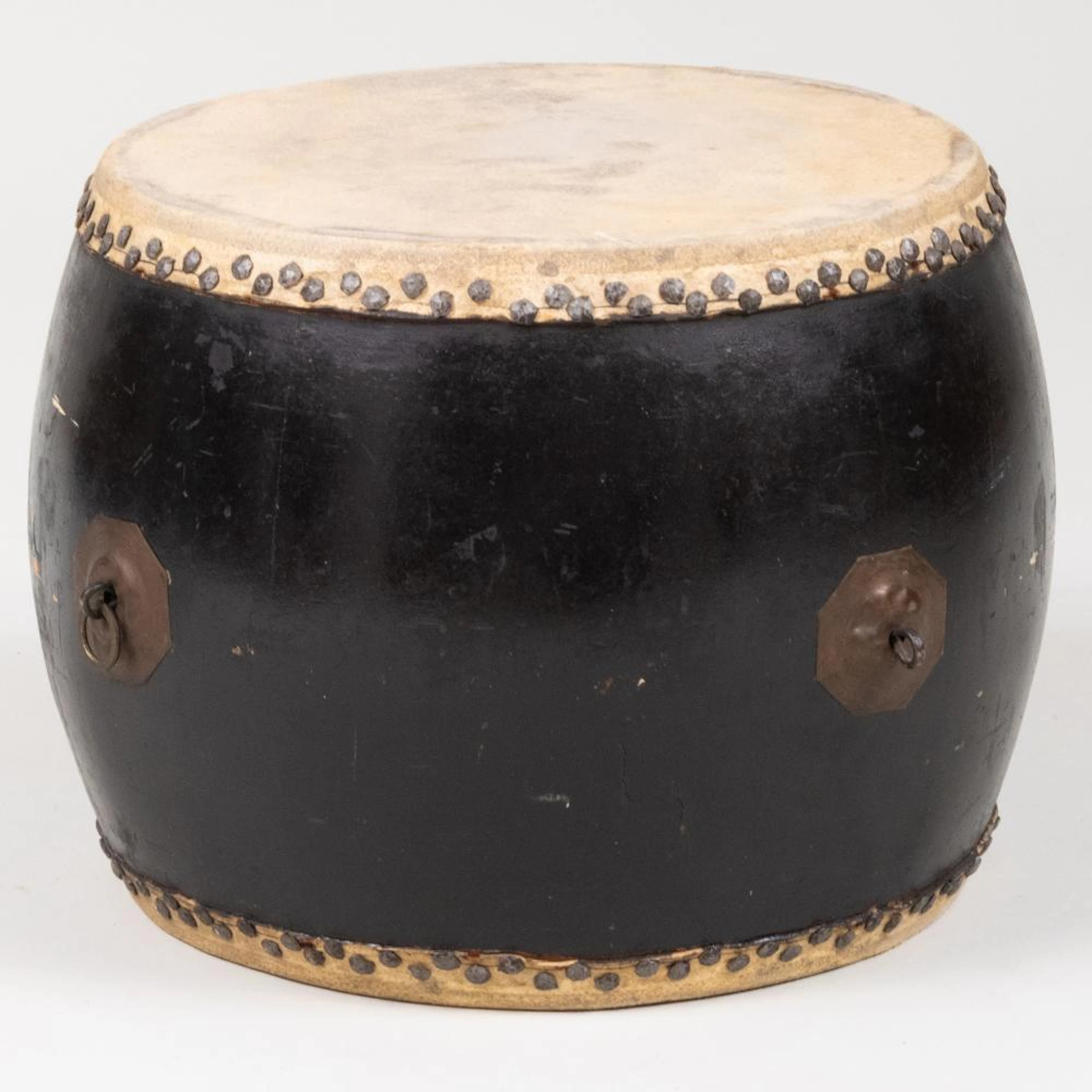Asian Metal-Mounted Black Painted and Hide Drum