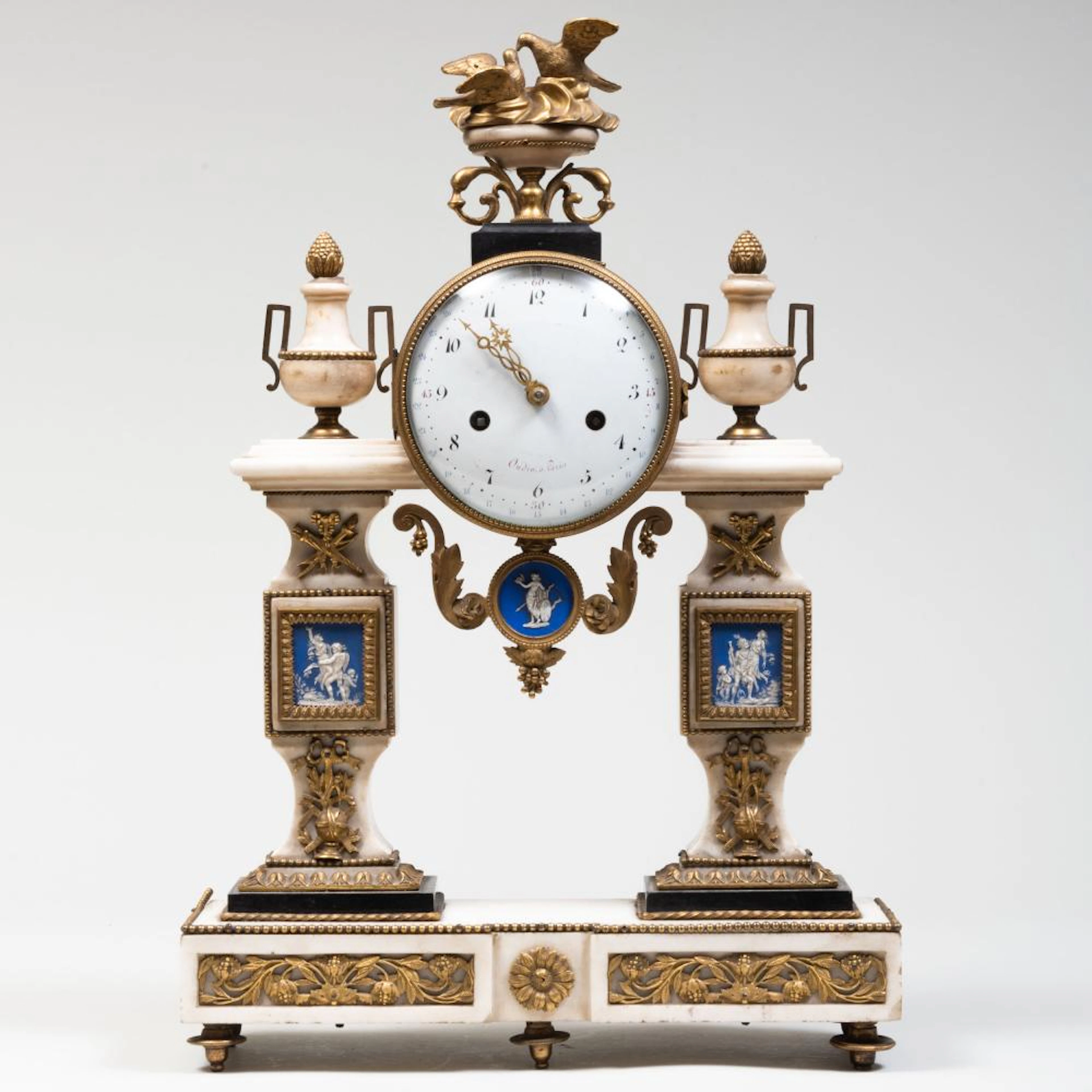 Charles Oudin Ormolu-Mounted Marble Mantel Clock Inset with Porcelain Plaques
