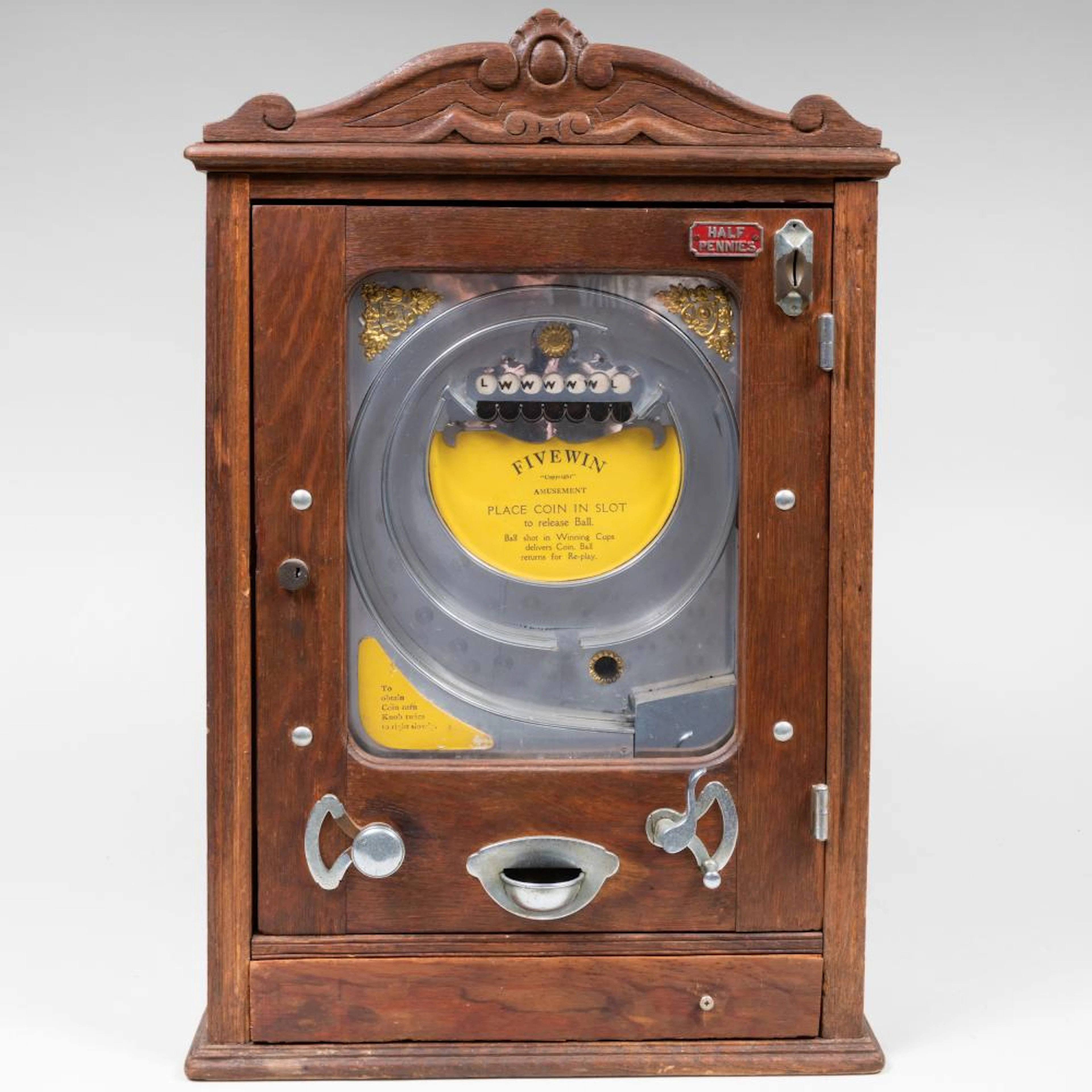 Victorian Oak and Metal 'Five Win' Half Penny Gambling Machine