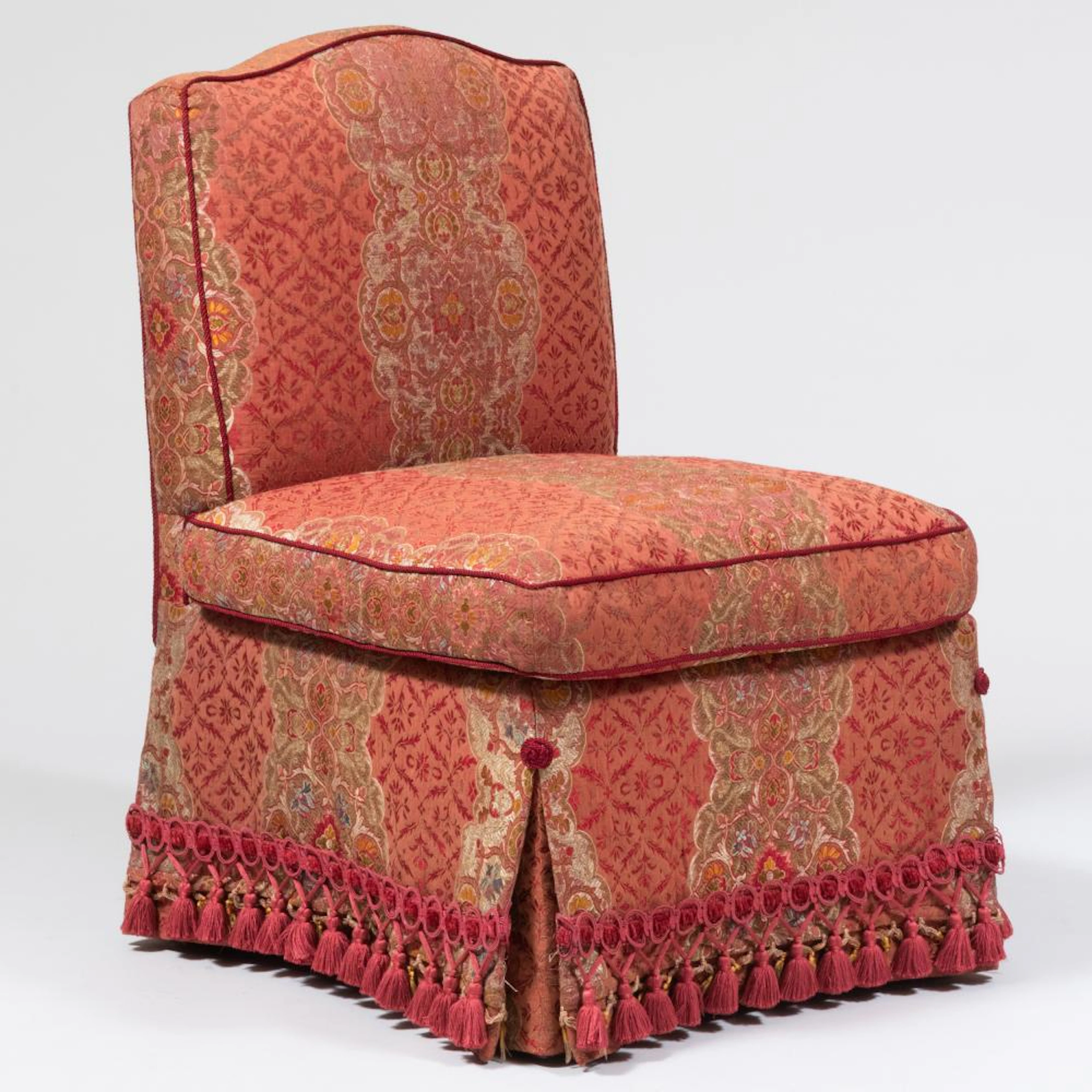 Modern Upholstered ?Givenchy? Slipper Chair with Tasseled Trim