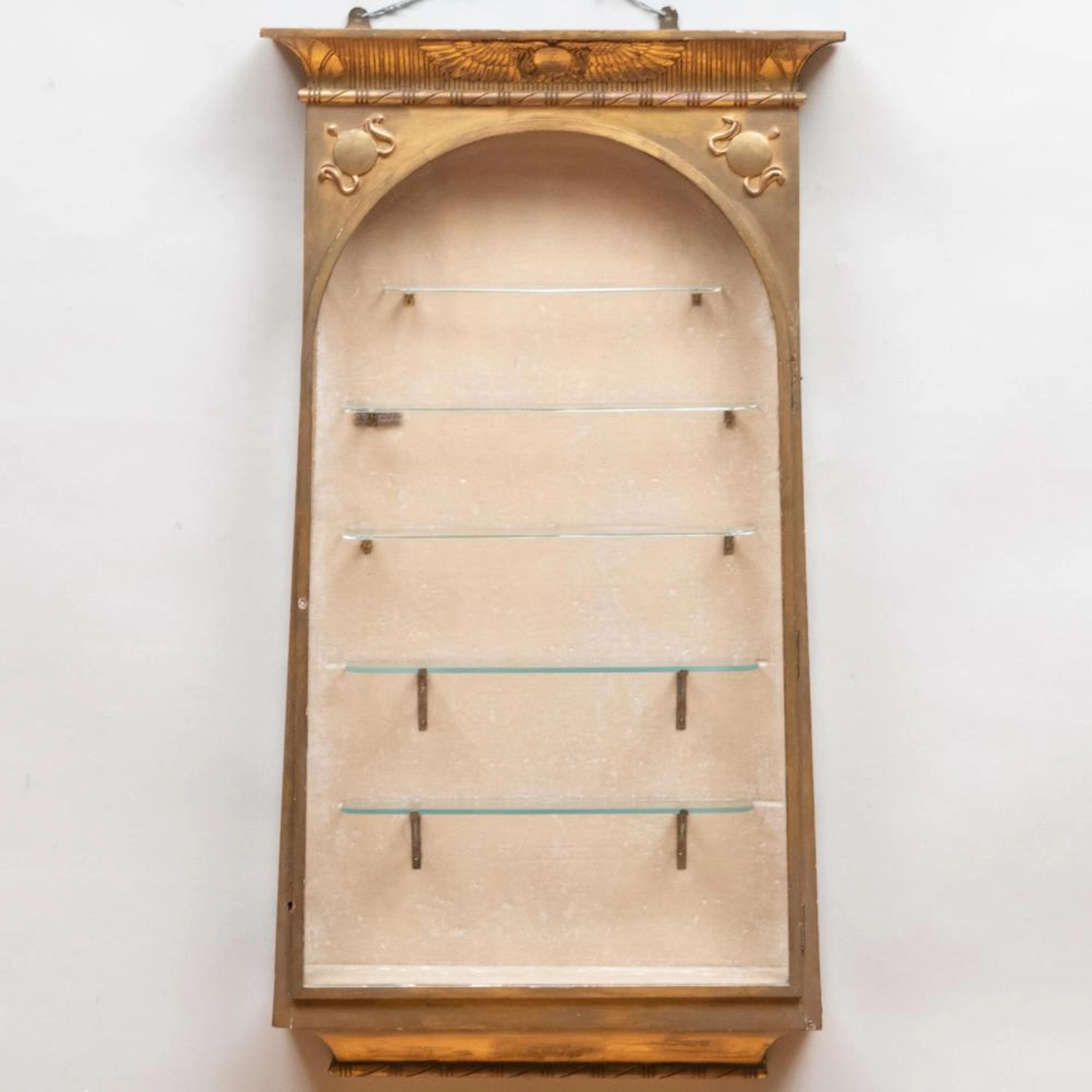 Regency Carved Giltwood and Glazed Hanging Wall Cabinet, in the Egyptian Taste