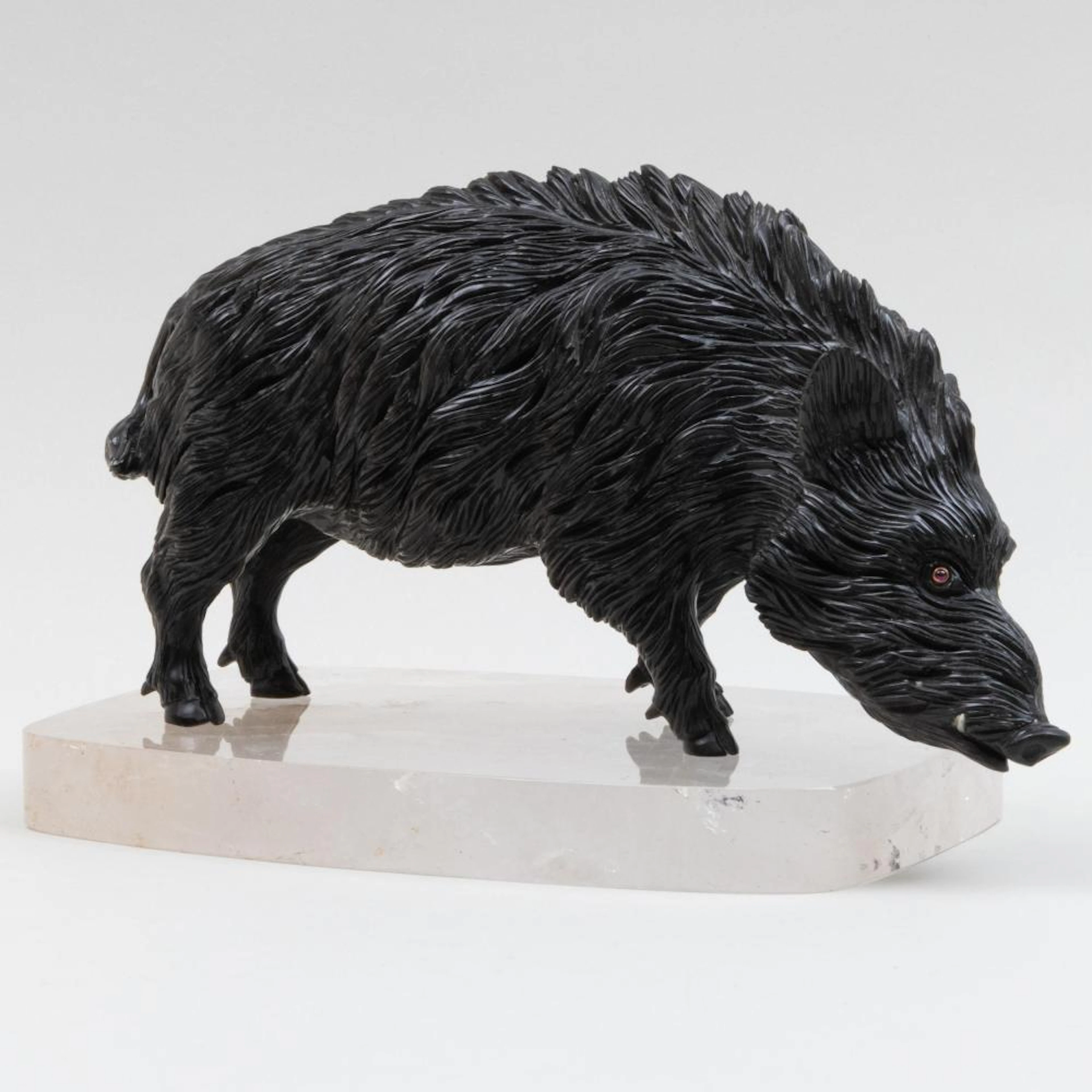 Carved Obsidian Model of a Wild Boar on a Rock Crystal Base