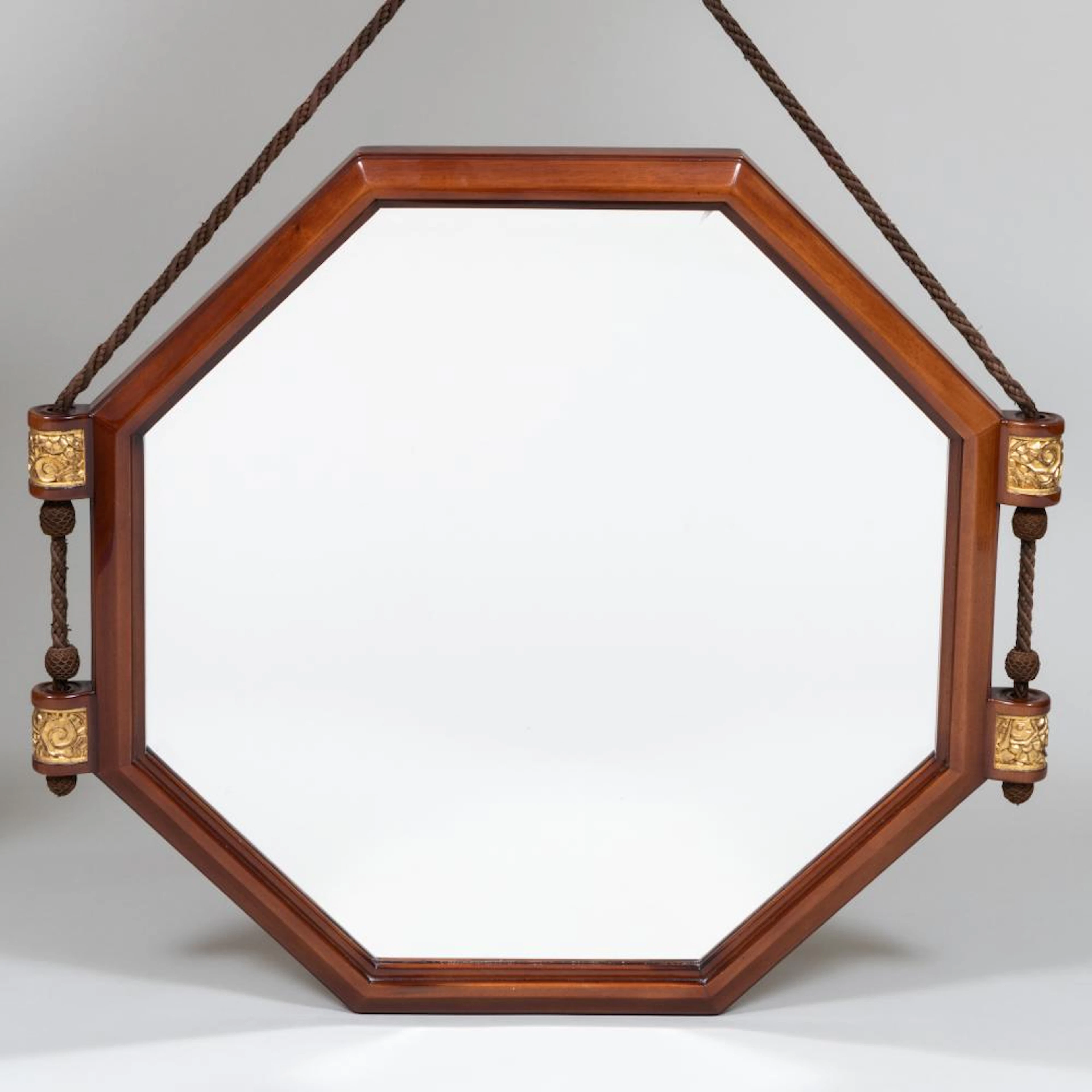 Art Deco Mahogany, Parcel Gilt and Silk Braid Octagonal Beveled Glass Mirror