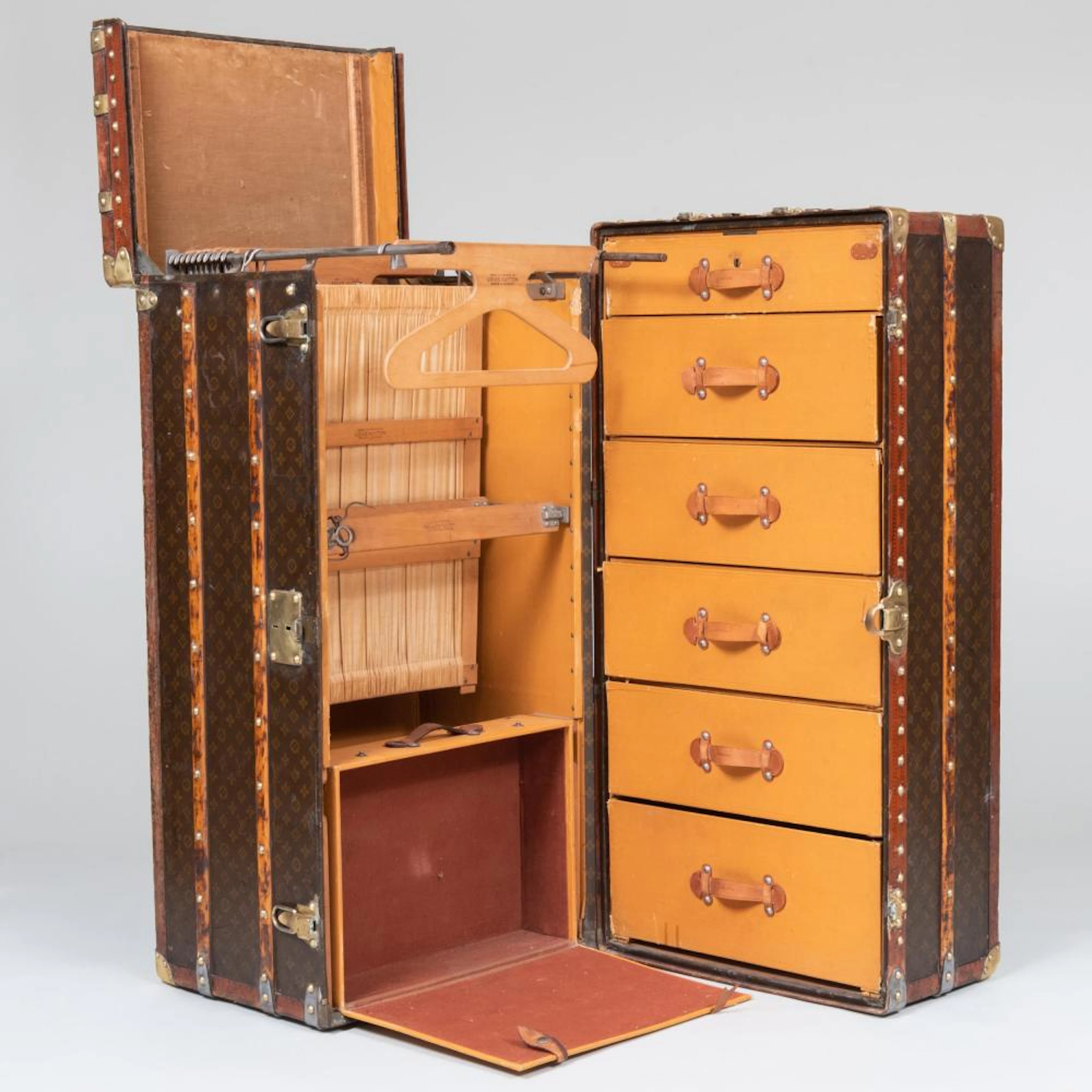 Louis Vuitton Monogrammed and Plain Leather, Brass and Wood Steamer Trunk