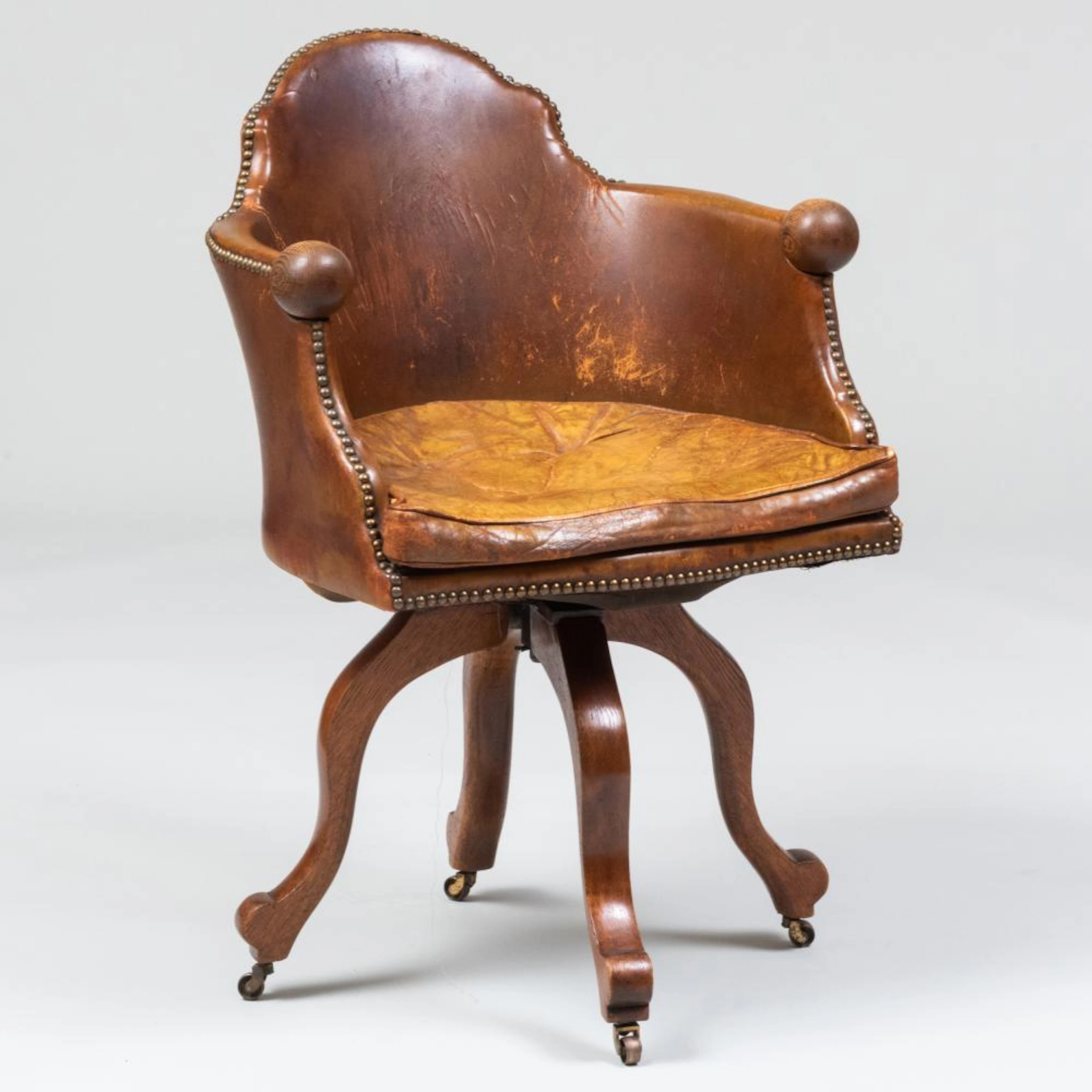 Small Brass Studded Leather Upholstered Oak Desk Chair
