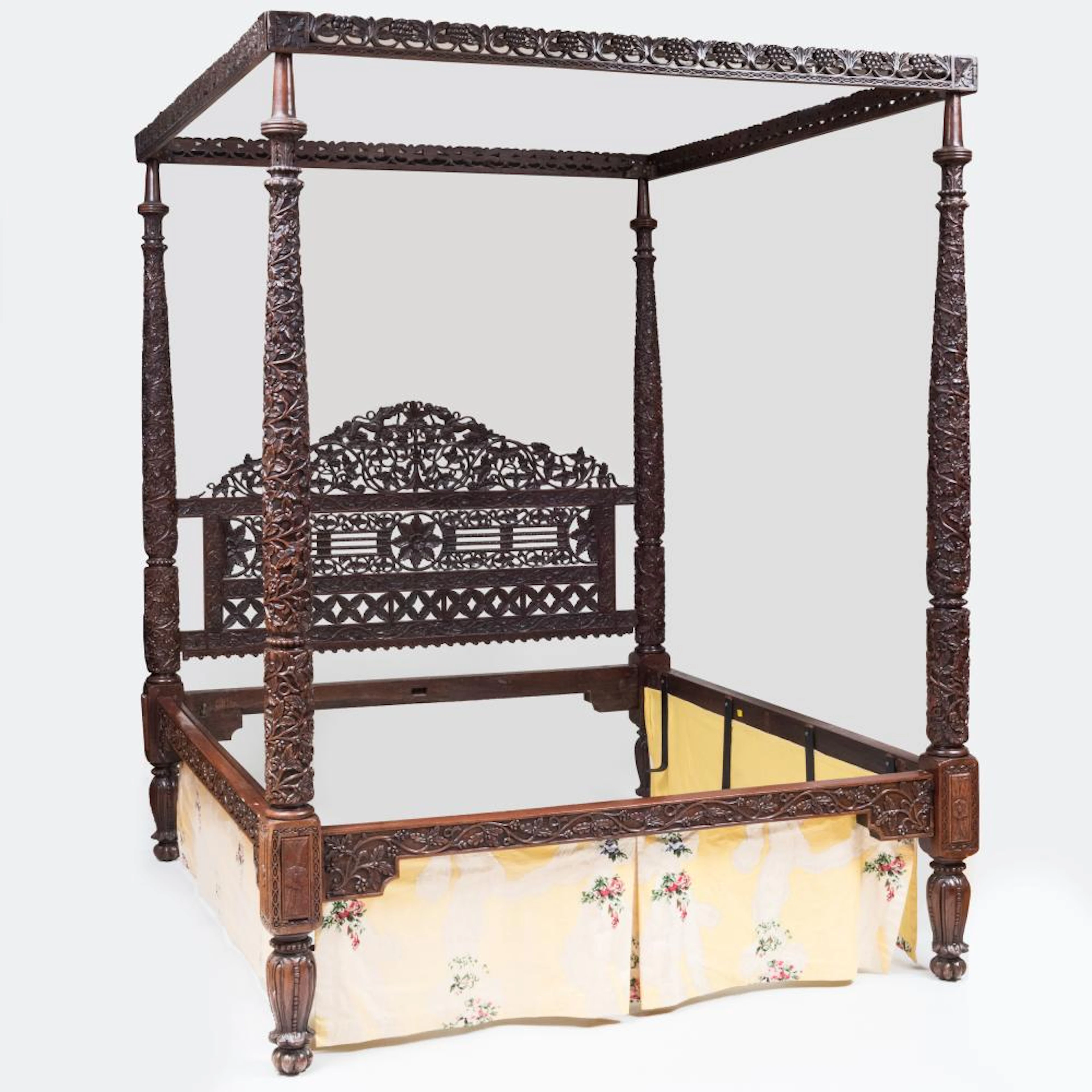 Fine Anglo Indian Carved Teak Four Post Bed