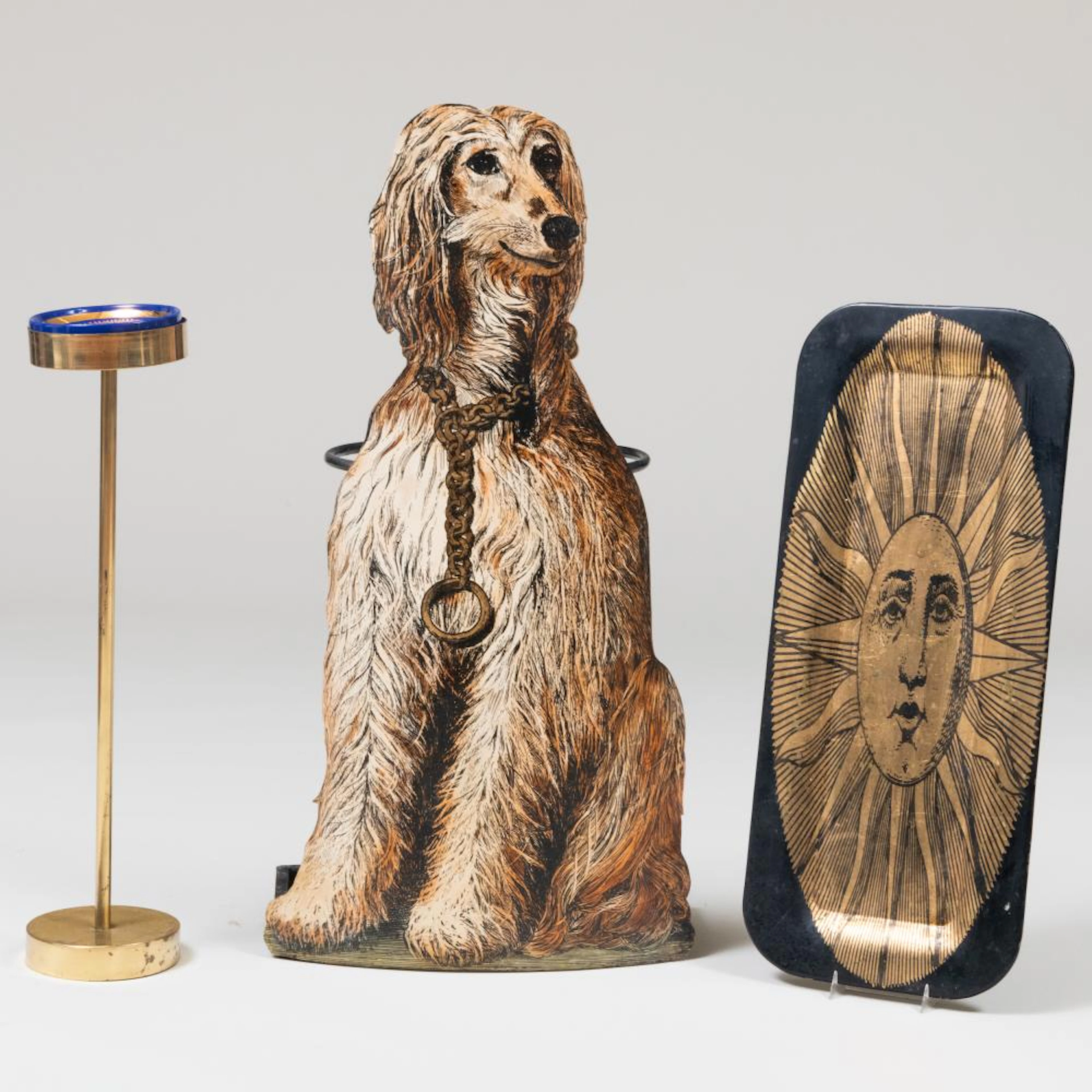 Fornasetti Tole Tray, a Porcelain Vide Poche, and an Umbrella Stand