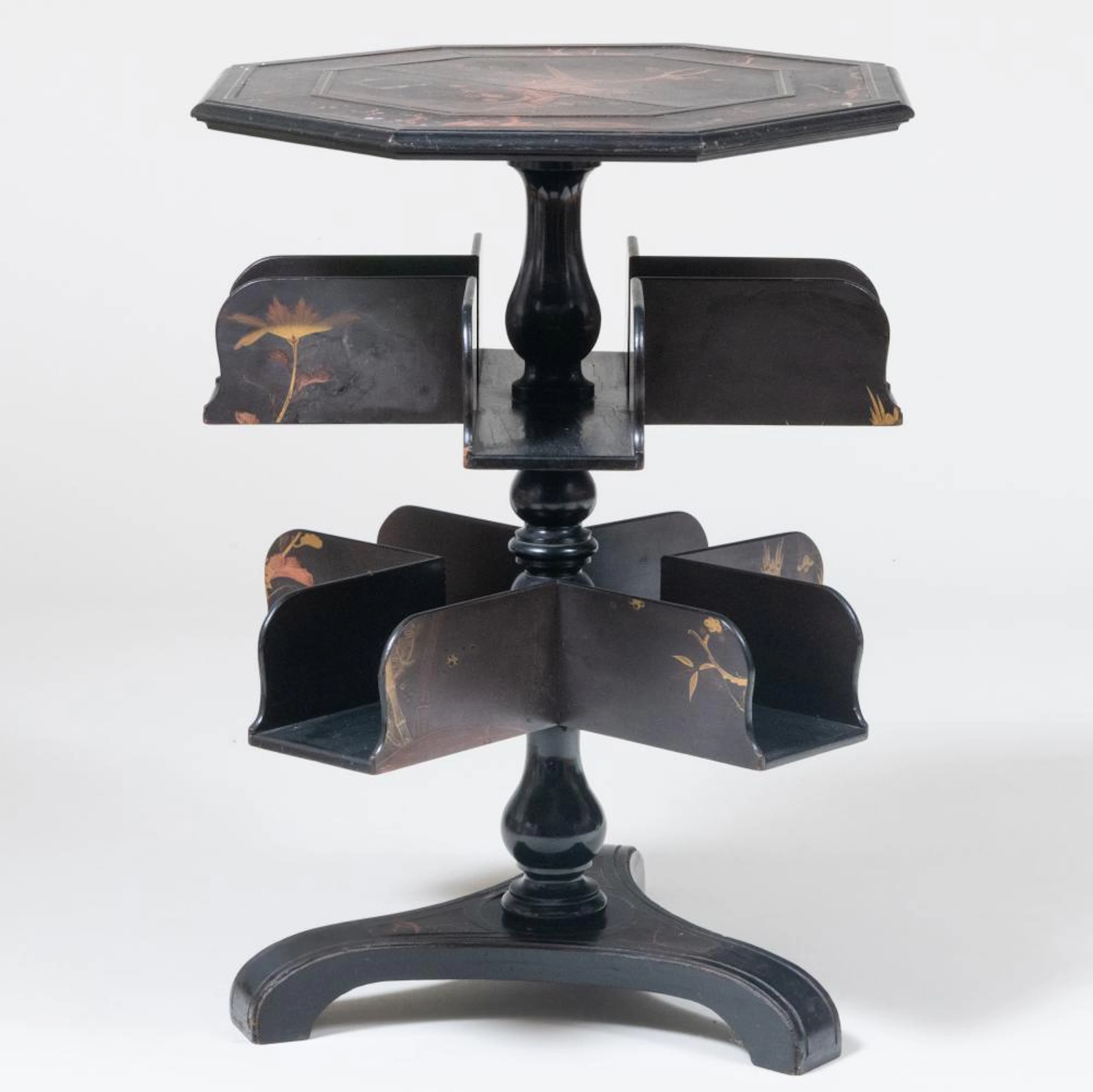 Victorian Japanned, Ebonized and Brass Banded Revolving Bookcase Tripod Table