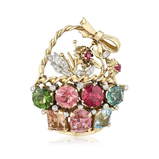 Vintage Multi Color Stone and Diamond Flower Basket Brooch