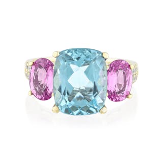 Unheated Pink Sapphire Aquamarine and Diamond Ring, GIA Certified