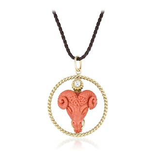 Vintage Ram Head Carved Coral and Diamond Pendant Necklace