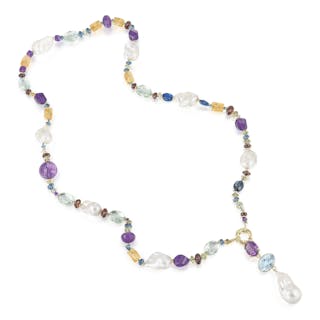 Multi Gemstone and Baroque Pearl Extra Long Necklace with Detachable Pendant