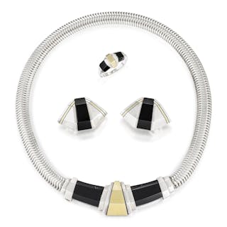 Cartier Retro Carved Onyx Necklace Earrings and Ring, Set