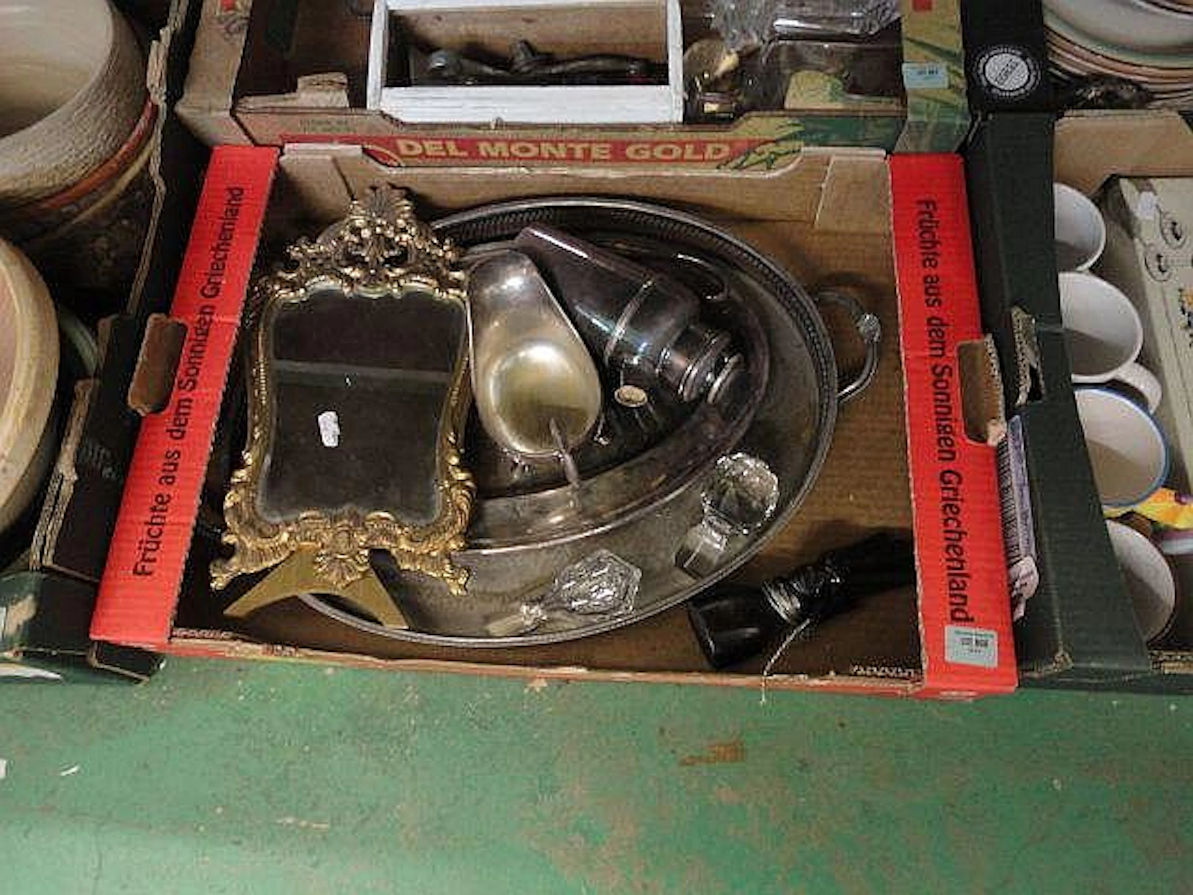 Gilded Mirror, oval galleried tray, sauce jar,
