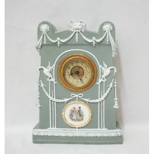 Wedgwood Jasperware style mantel clock with brass escutcheon... | Barnebys