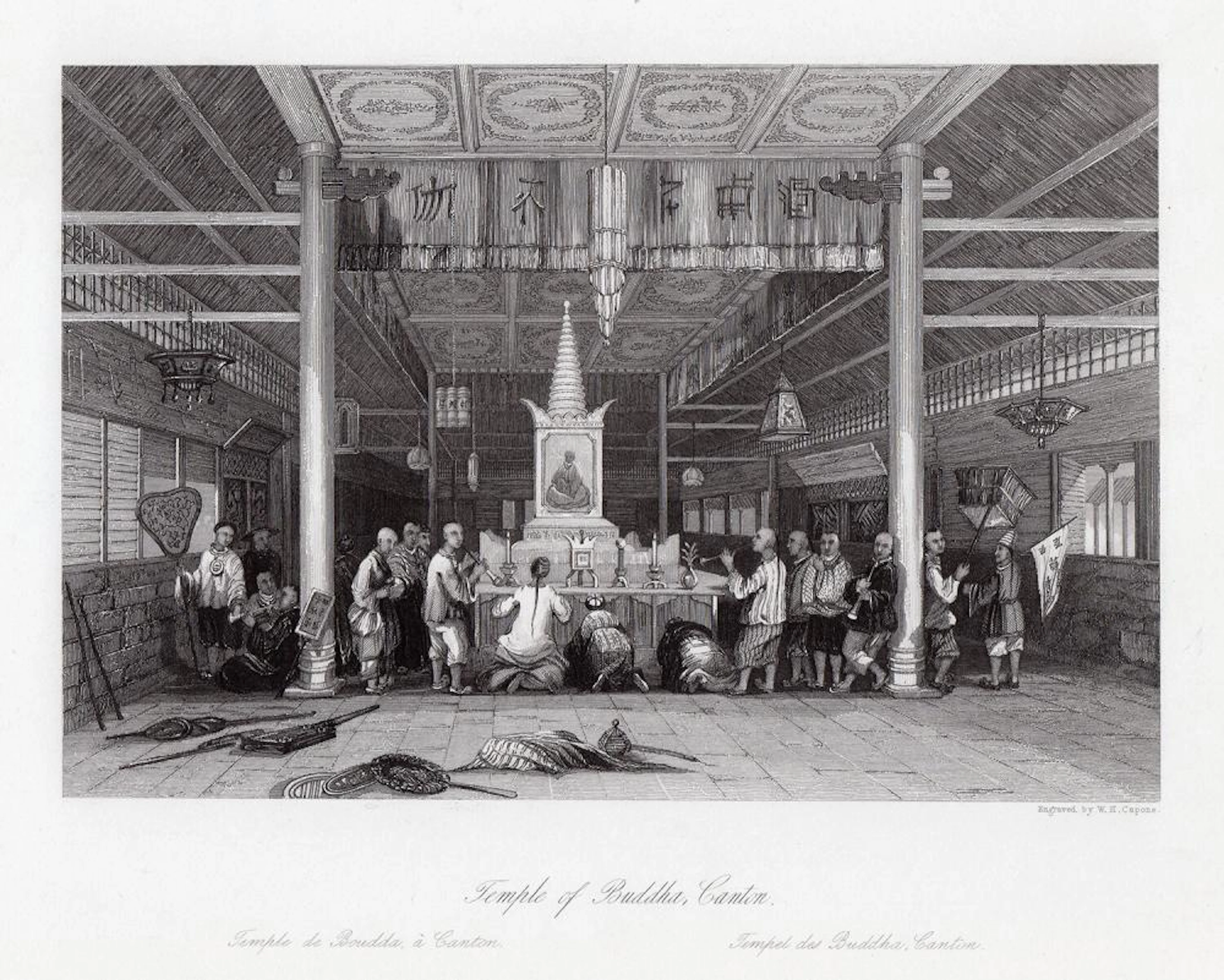 Thomas Allom 1843 engraving Temple of Buddha Canton signed