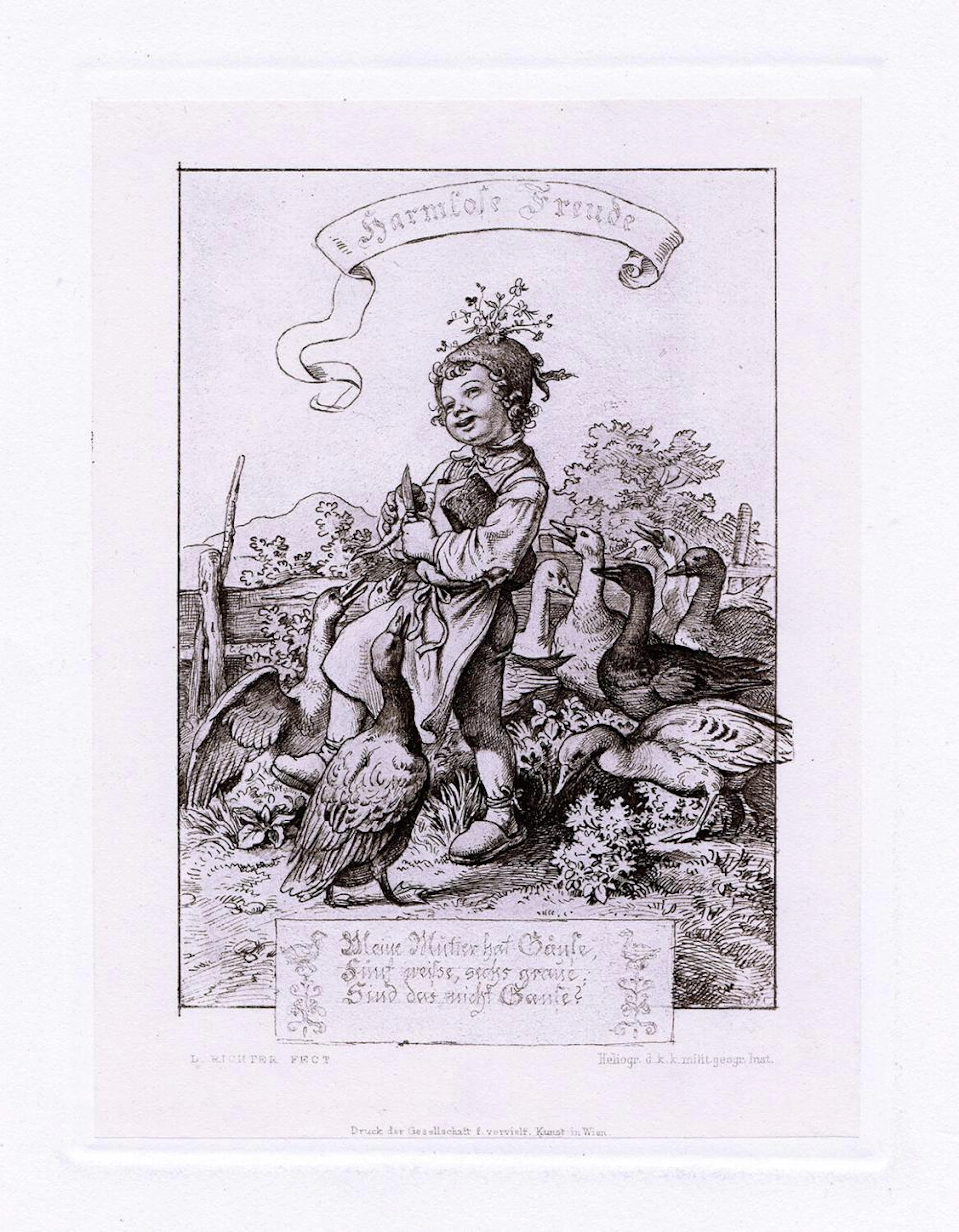 Adrian Ludwig Richter Harmlose Freude (Boy with Geese) print signed