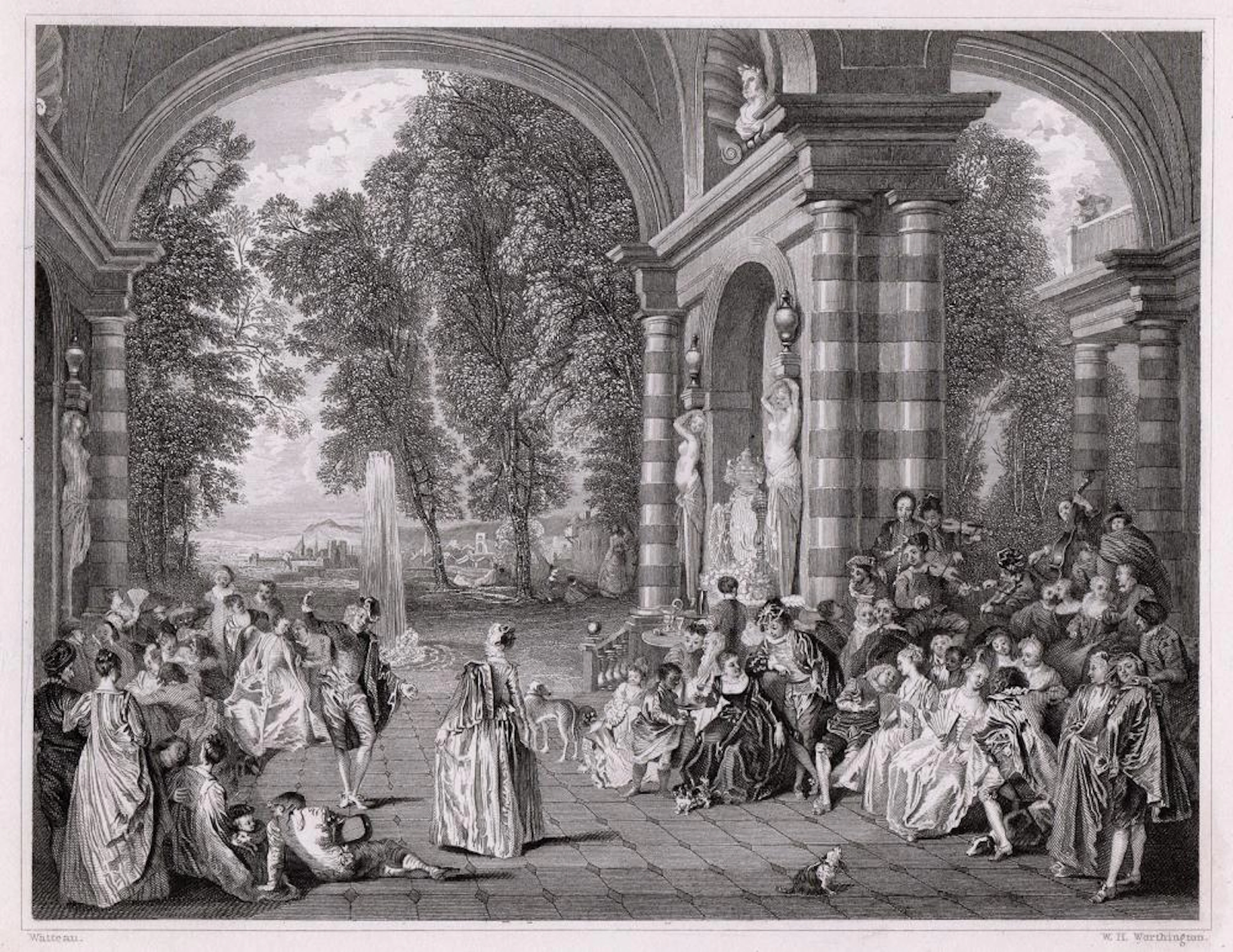 1834 Antoine Watteau Le Bal Champetre engraving signed