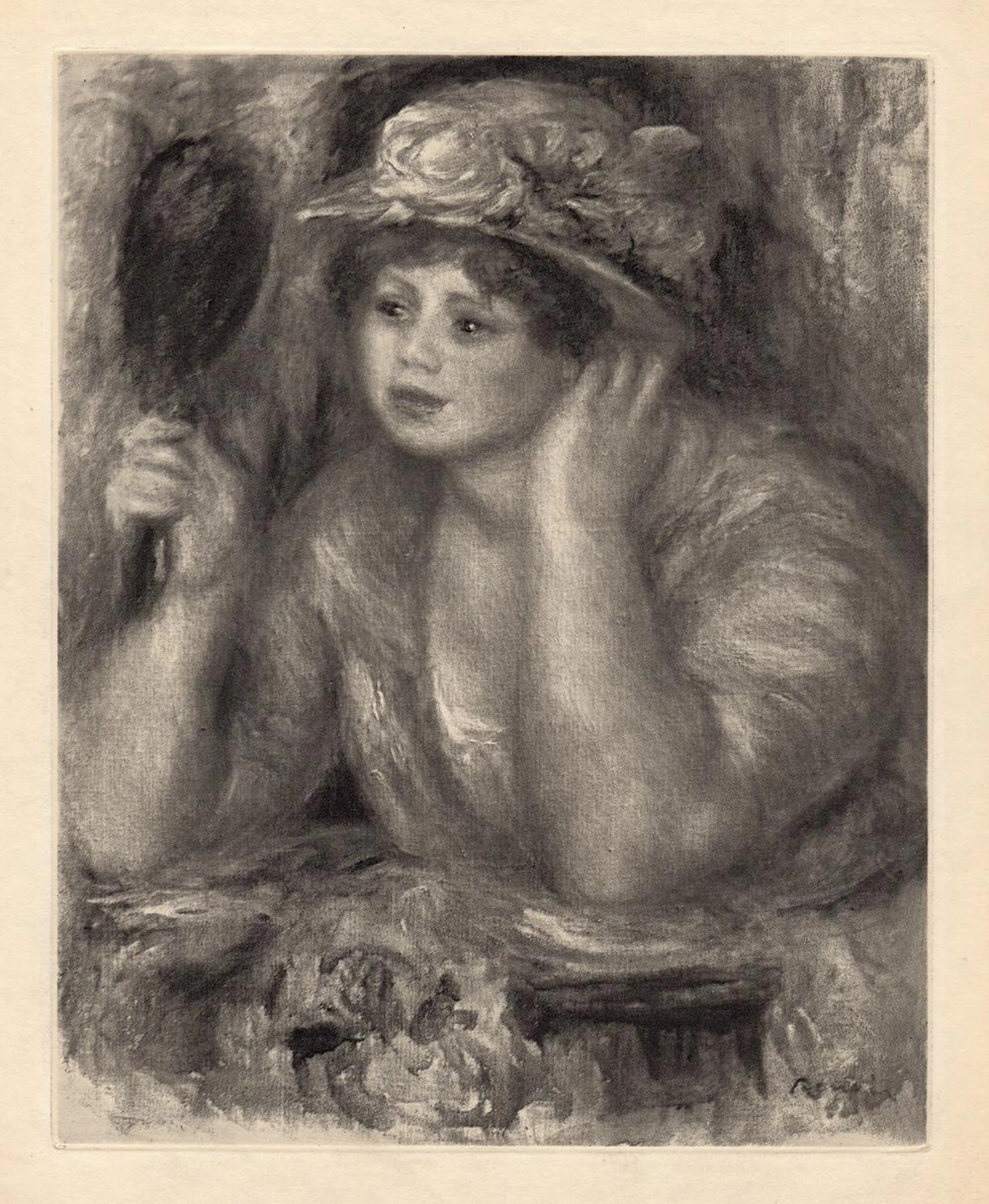 1919 Engraving "Girl with a Hat & Mirror" LIMITED JAPON Framed Signed