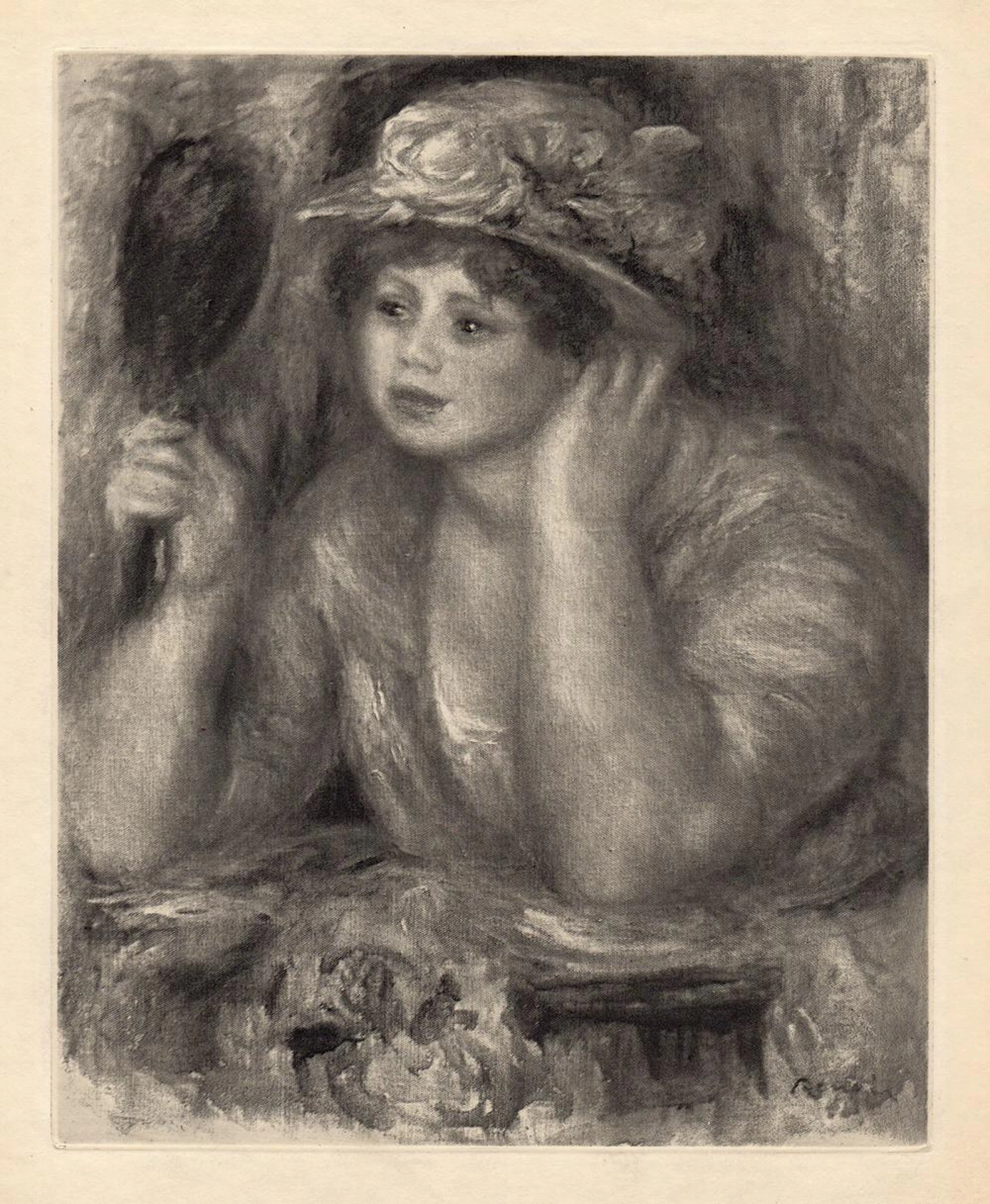 1919 Engraving "Girl with a Hat & Mirror" LIMITED JAPON Framed Signed