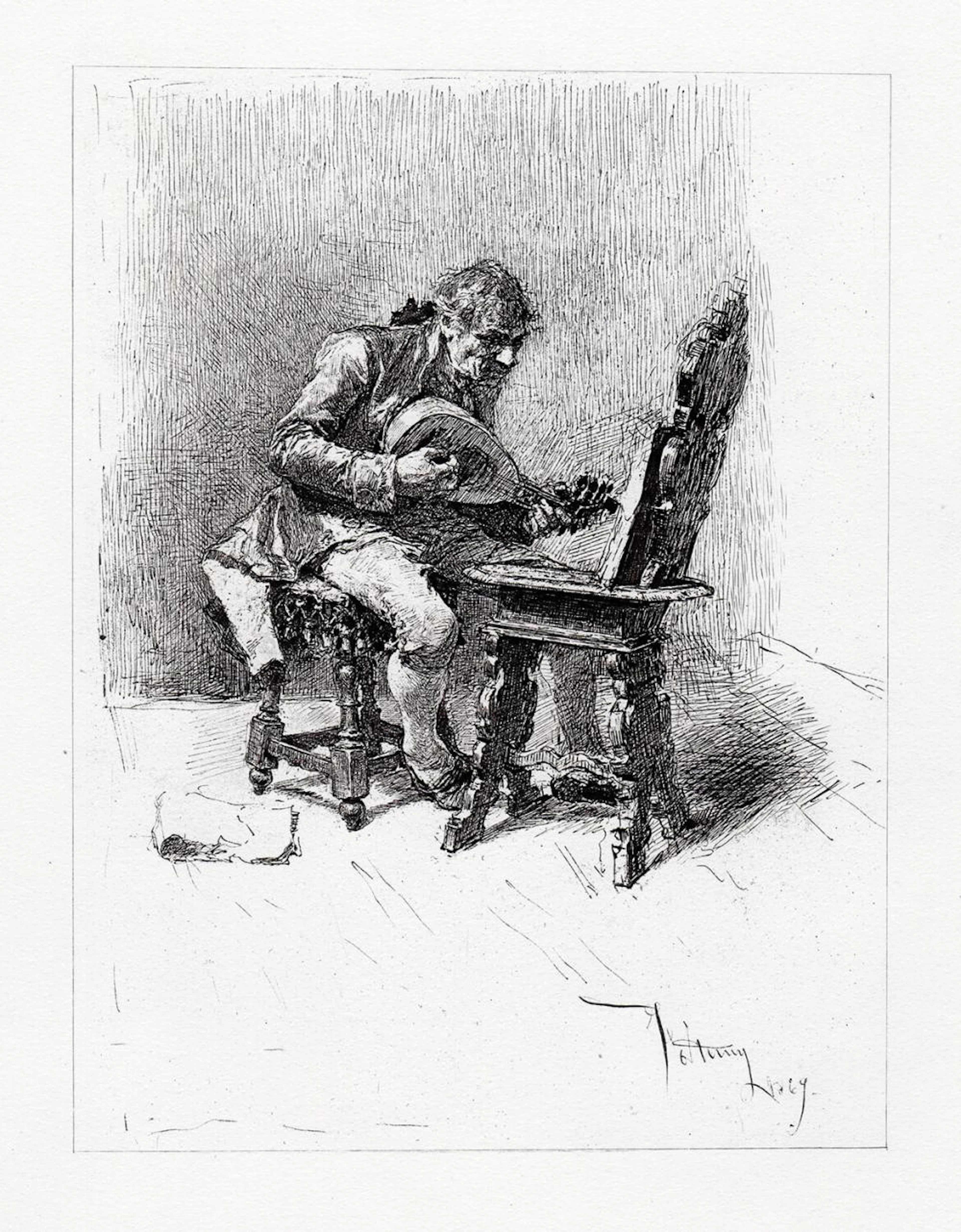 1800s Mariano Fortuny Etching "The Guitar Player" Signed Framed
