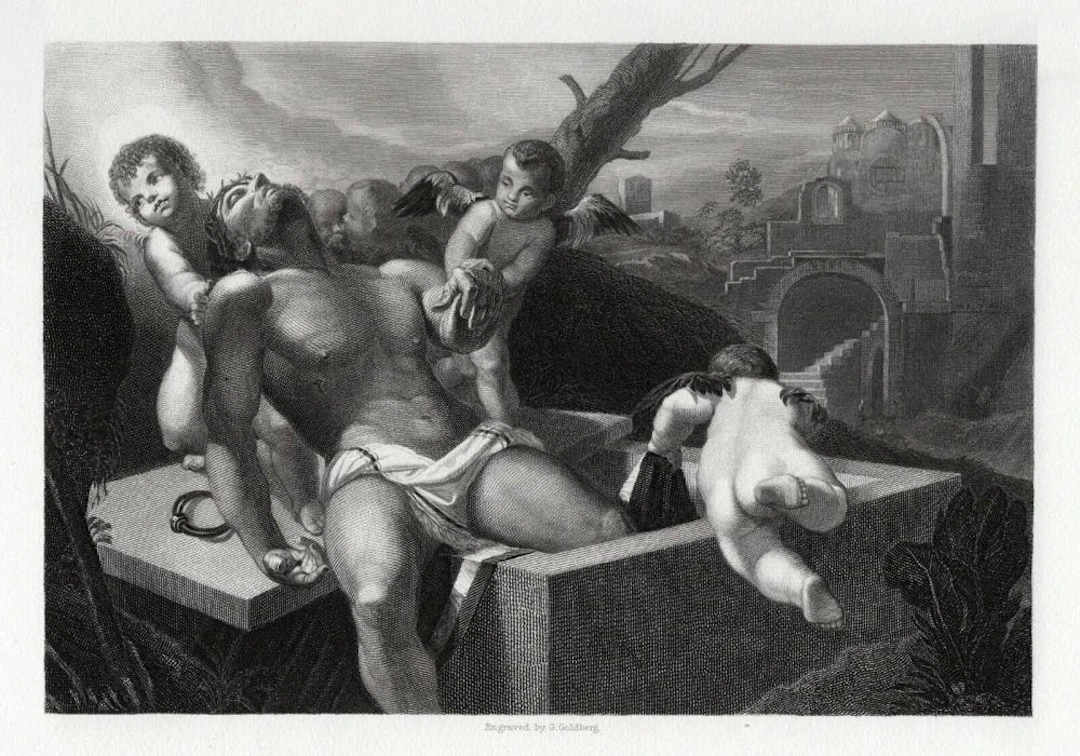 GIORGIONE 1800s Engraving Christ supported by Cherubs FRAMED COA