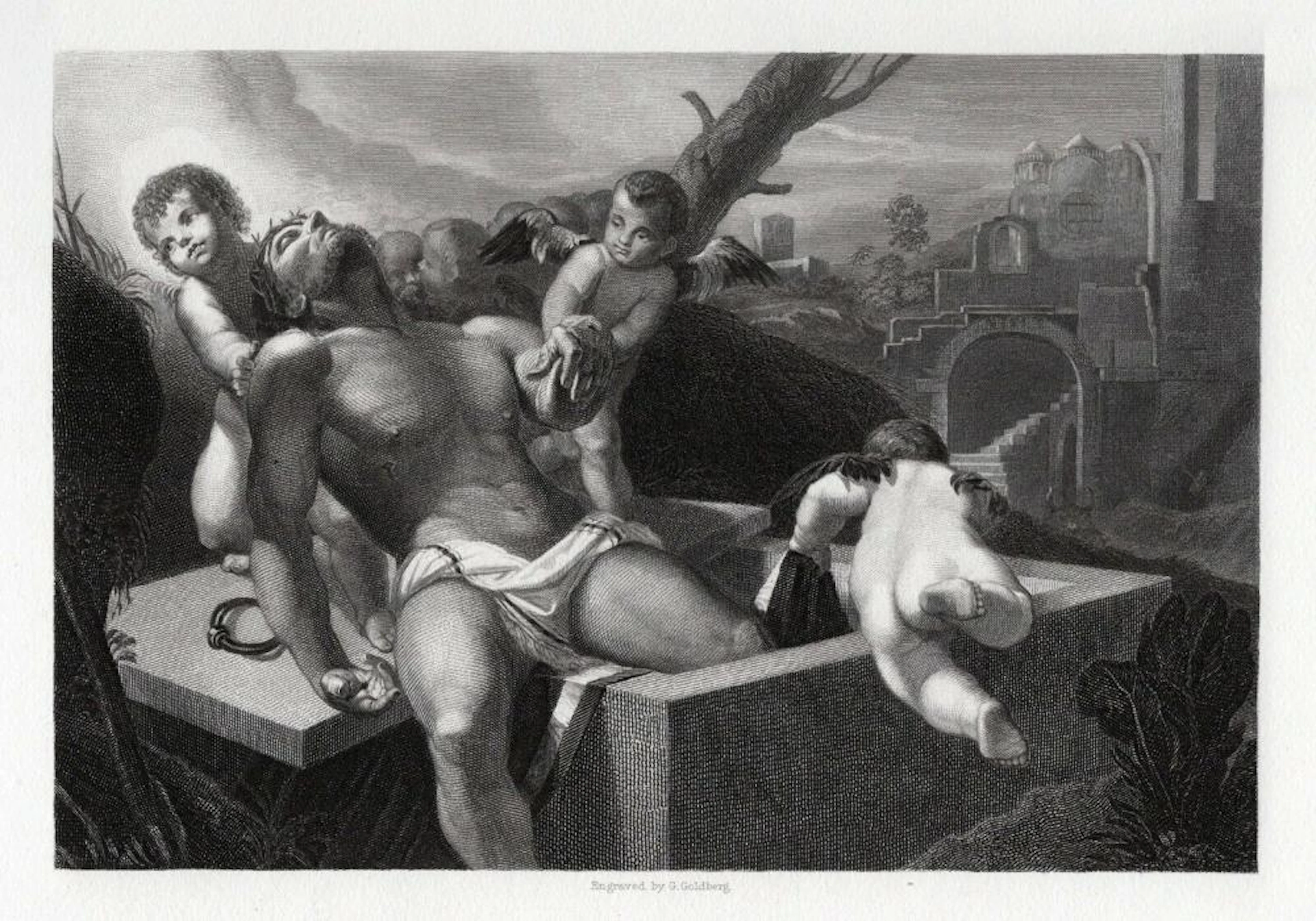 GIORGIONE 1800s Engraving Christ supported by Cherubs FRAMED COA