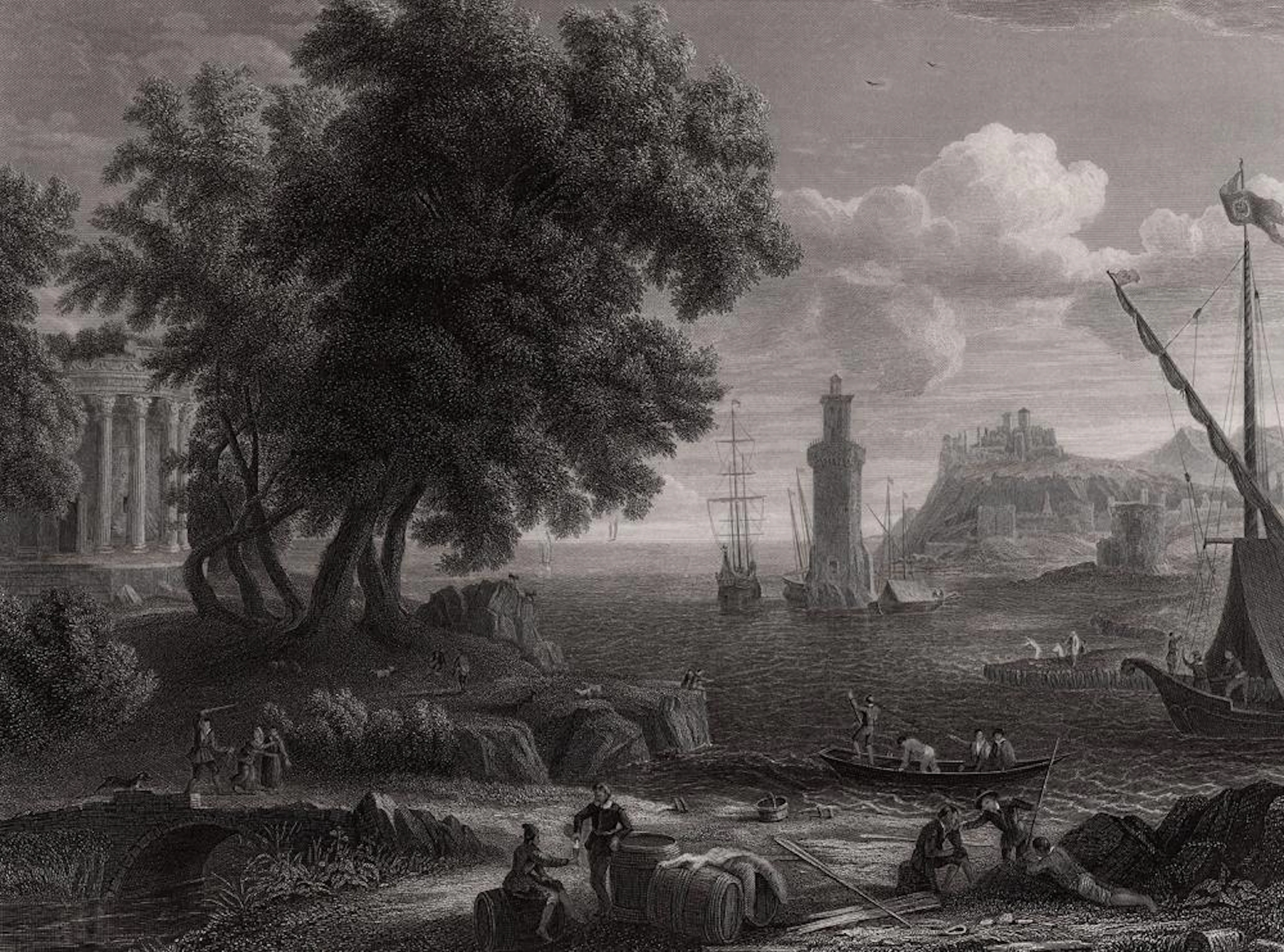 Claude LORRAIN 1800s Engraving Coastal Scene with Lighthouse FRAMED Signed