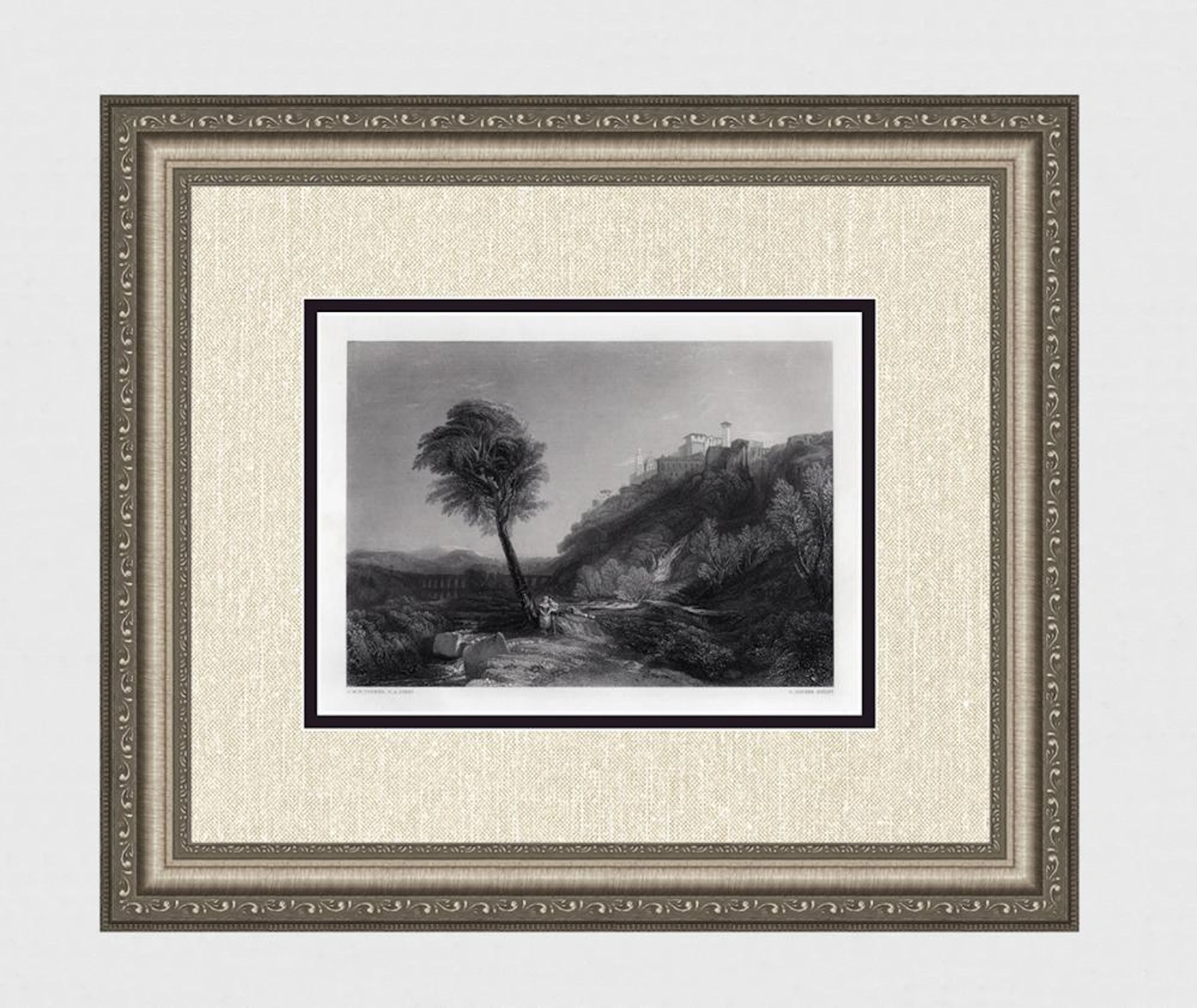 1800s TURNER Engraving Children in the Valley Landscape SIGNED Framed