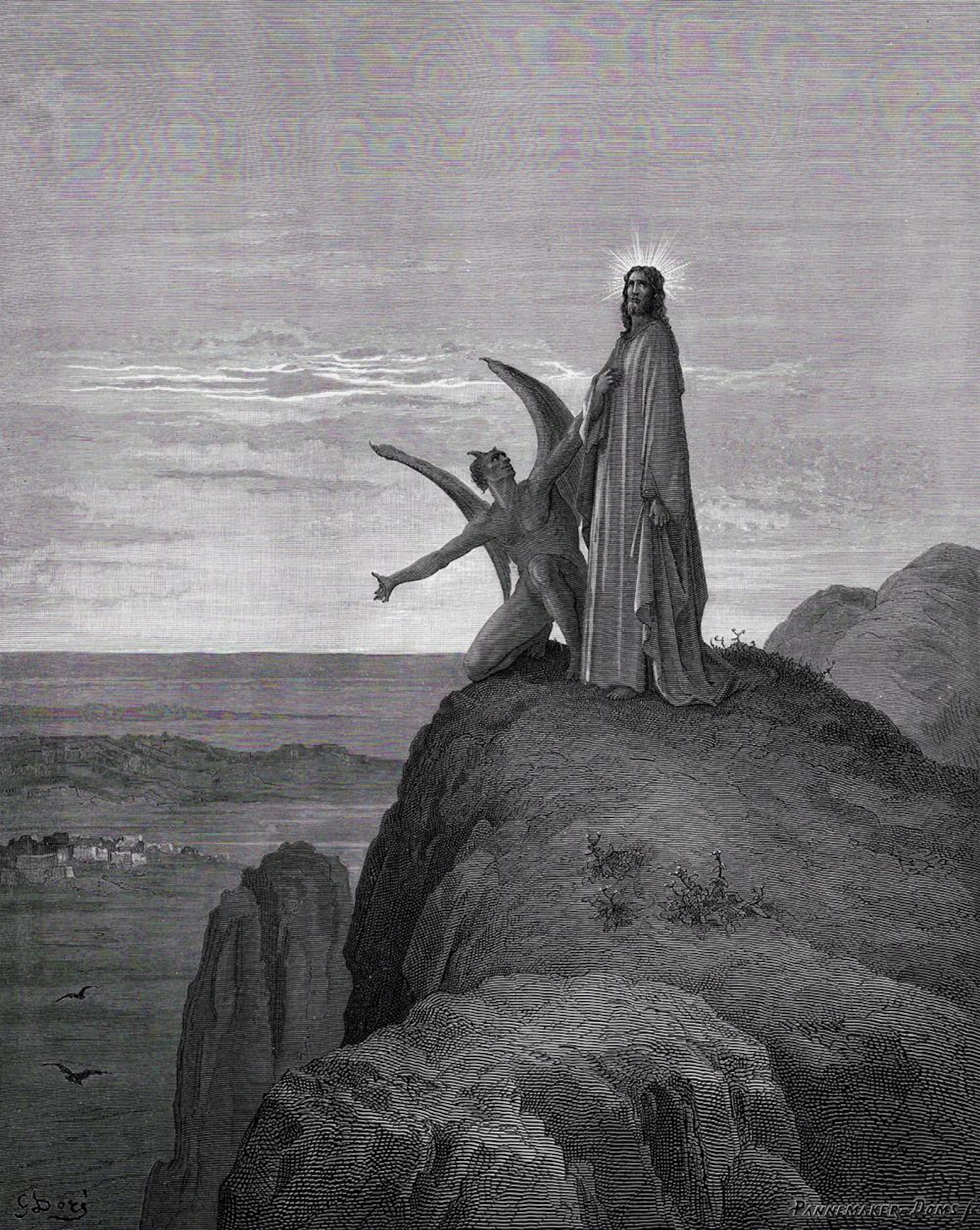 1800s Gustave DORE SIGNED Religious Woodcut THE TEMPTATION OF JESUS Framed
