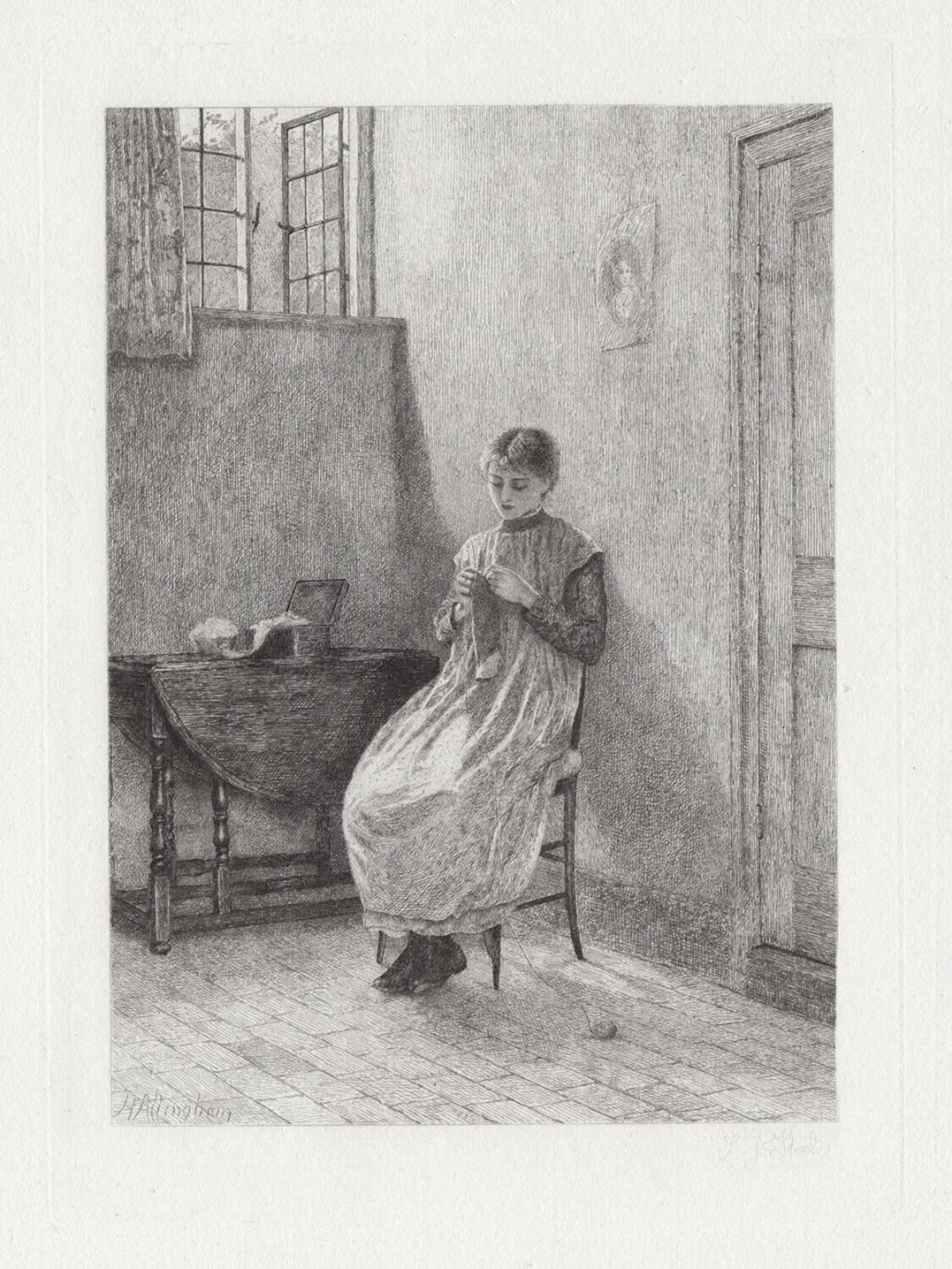 1882 Helen ALLINGHAM Etching "Meditating Young Knitter"