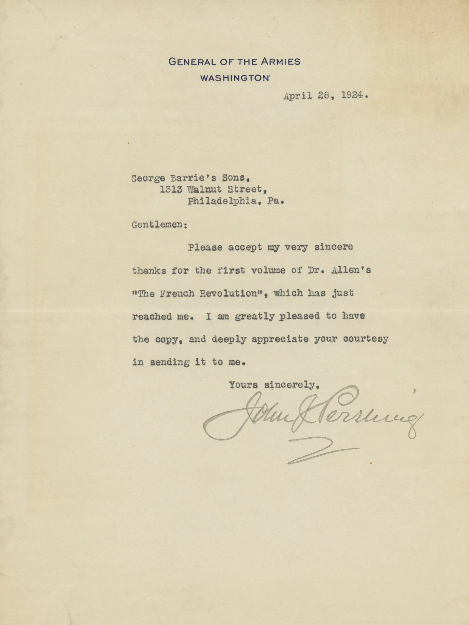 John Pershing - U.S. Army: AEF, WWI - Autographed Letter (TLS), 1924 ...