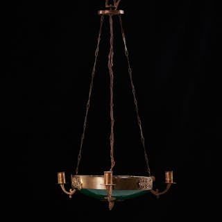 AMPEL, 1800-talets mitt, empire, 3 ljusarmar, mässing och bemålad koppar.
