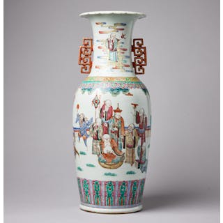 A LARGE ENAMELLED BALUSTER VASE, decorated with figures in a garden