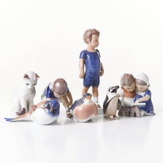 BING & GRÖNDAHL och ROYAL COPENHAGE, figuriner 7 st, barn katt och fåglar.