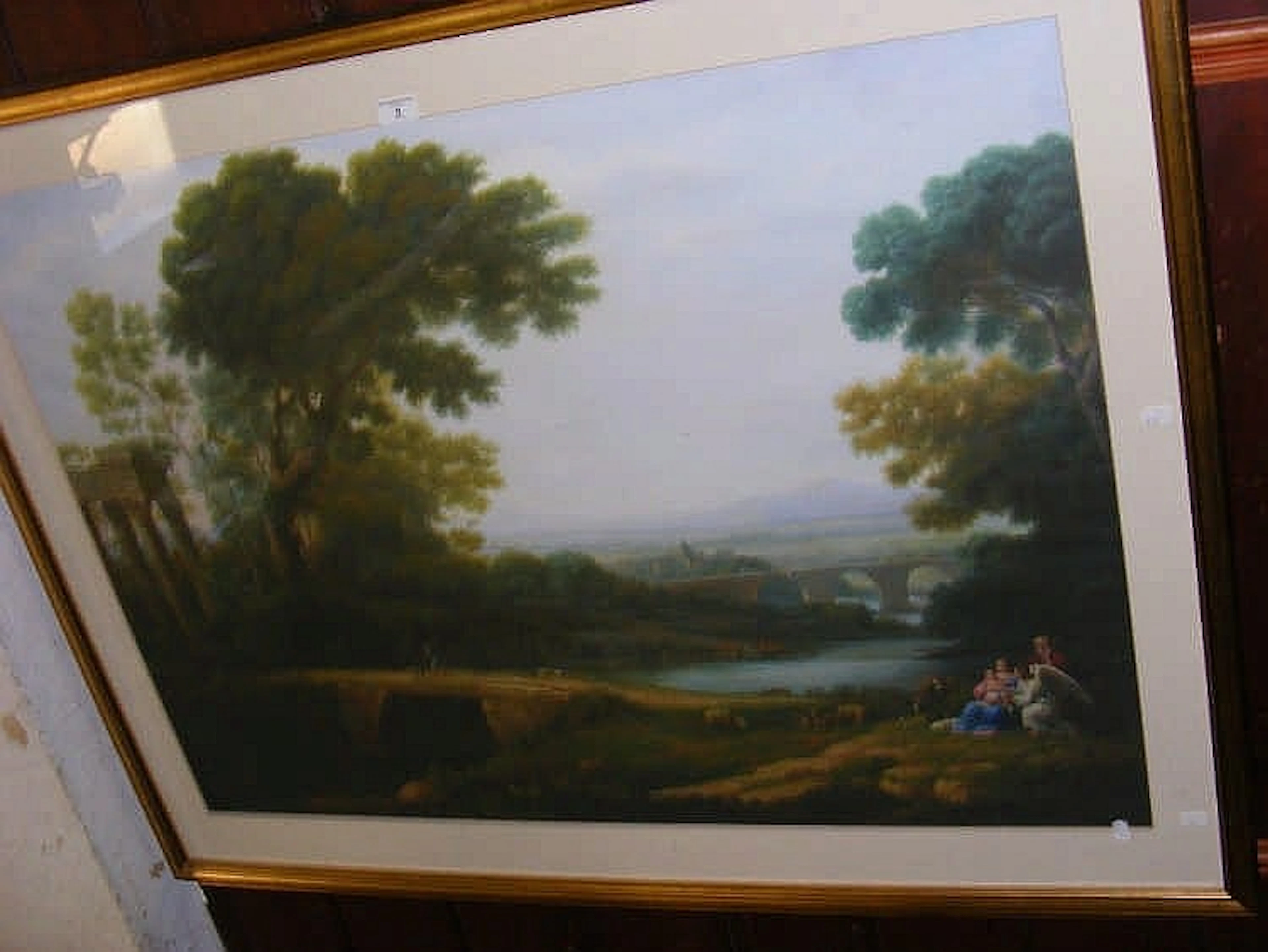 Large coloured print - classical country scene - in gilt frame