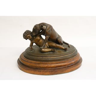 Bronze sculpture "boy and dog", signed