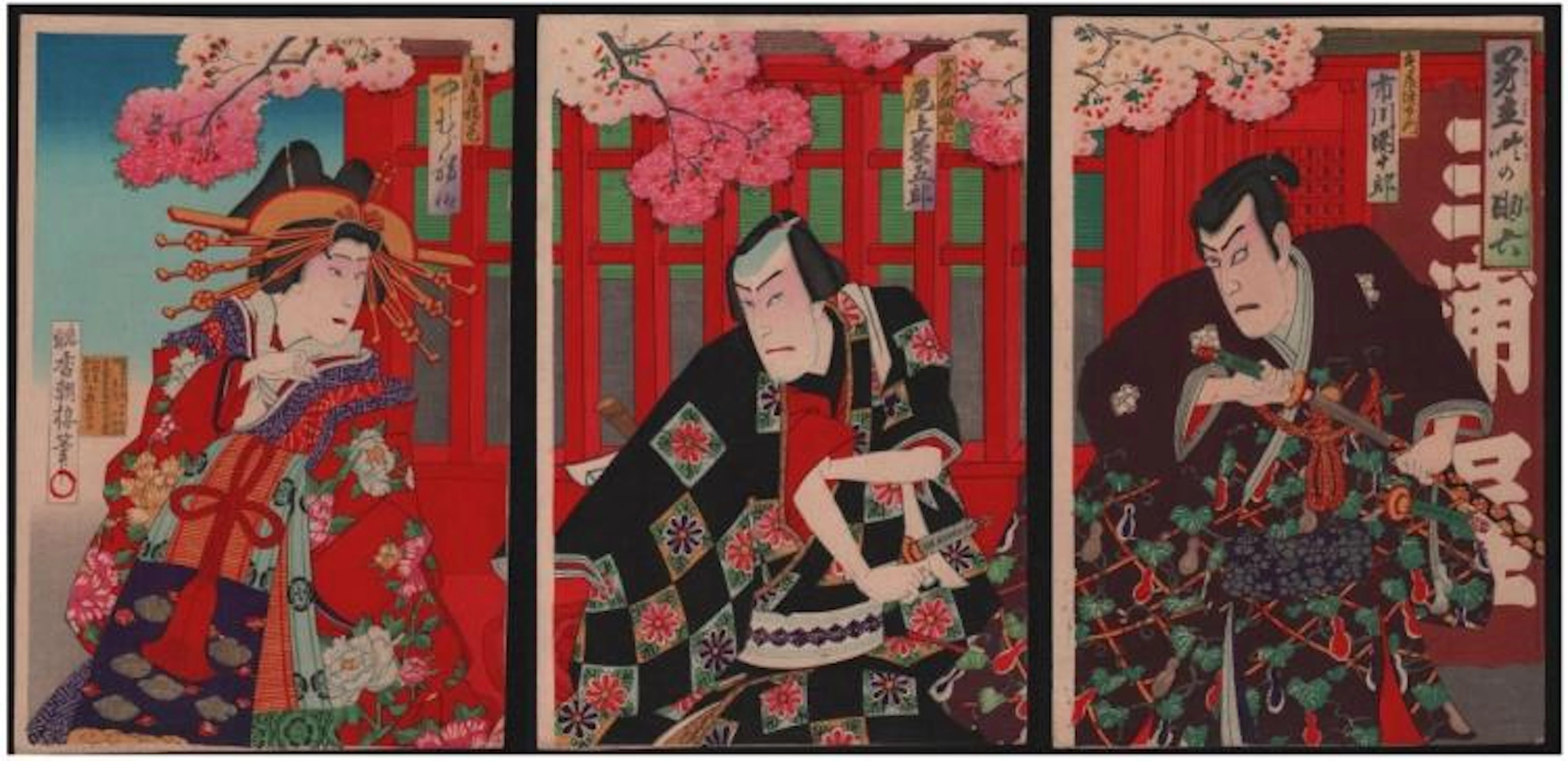 Utagawa School: Kabuki Triptych with Cherry Blossoms