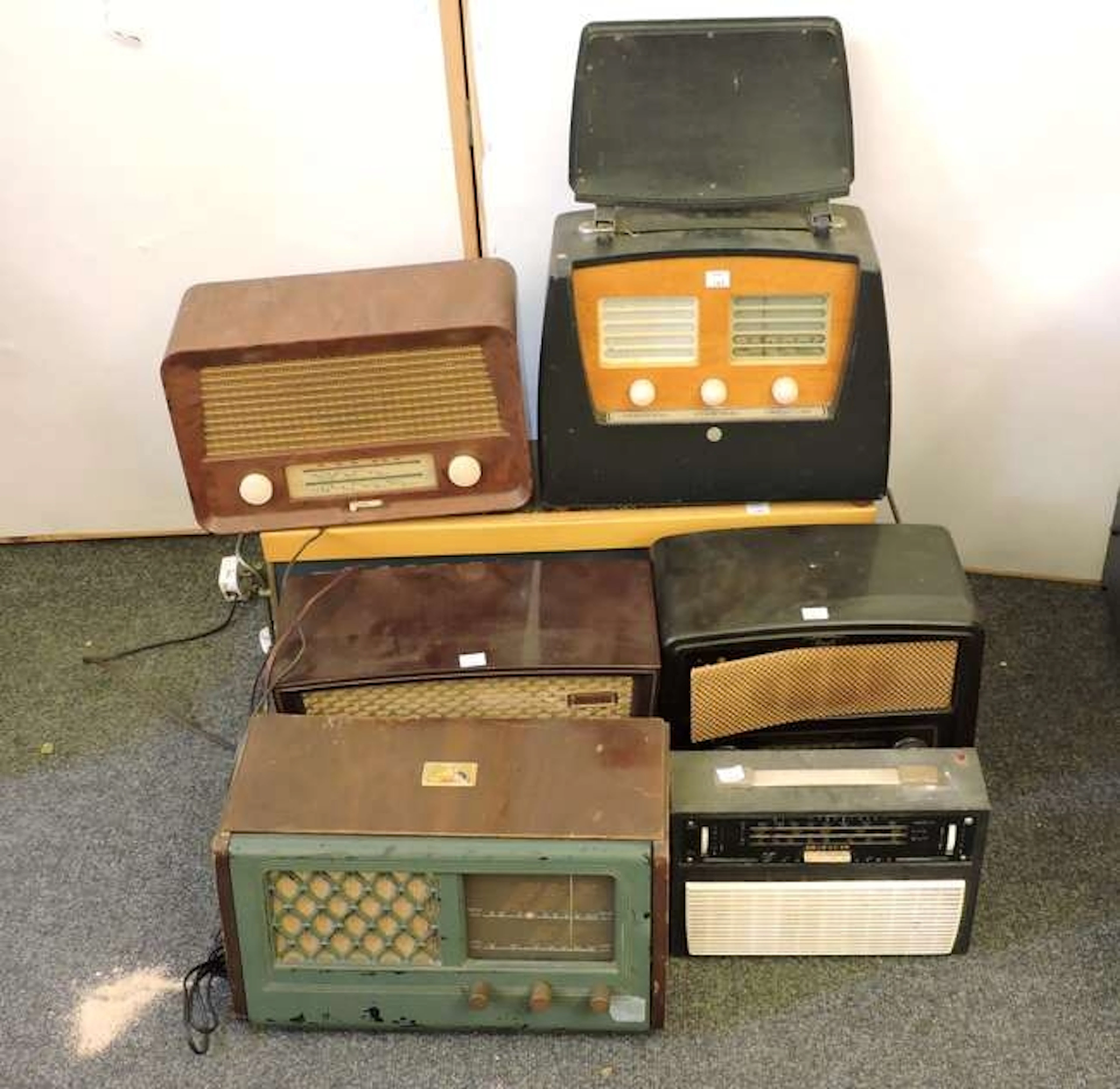 Seven old radio sets