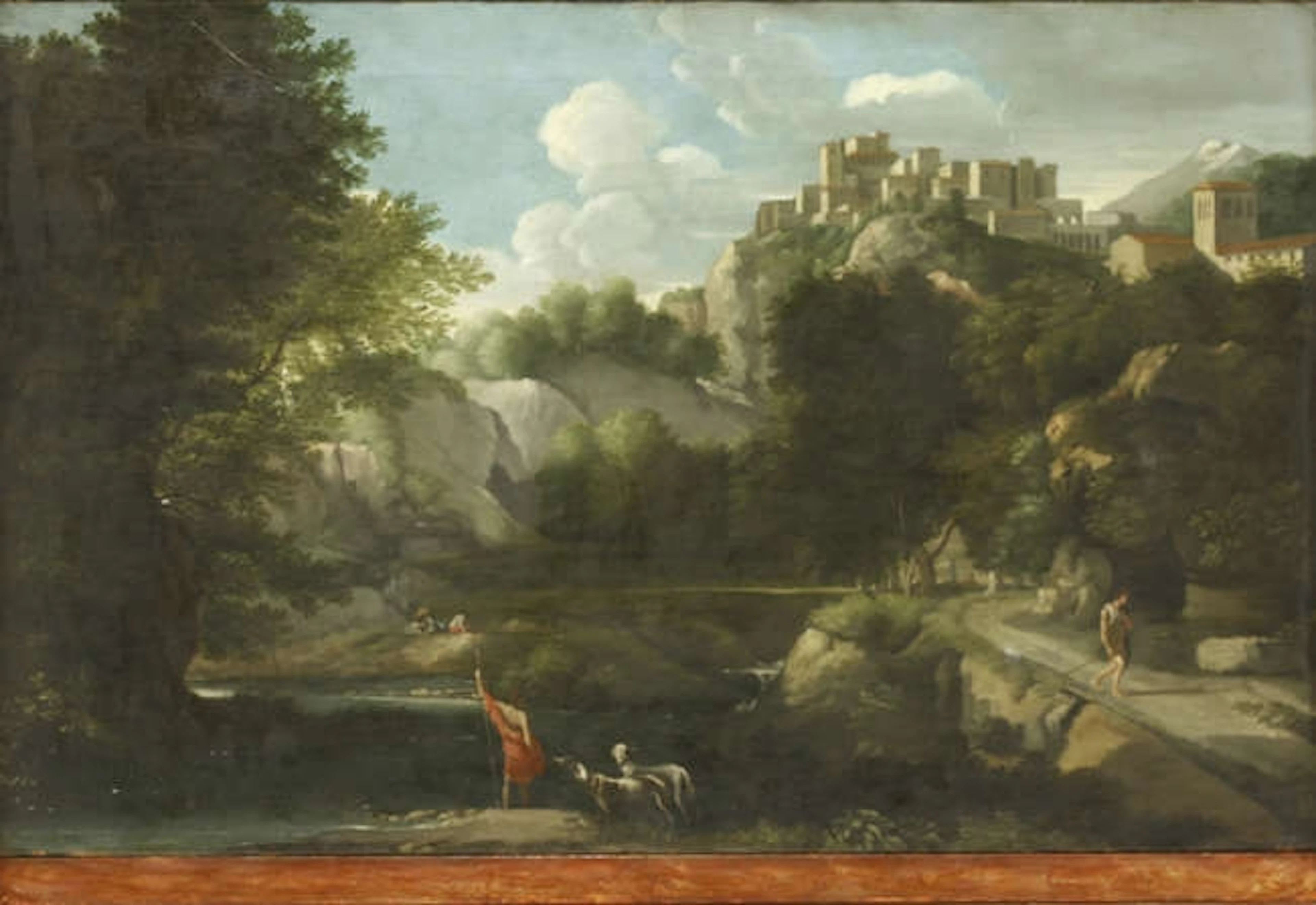 Manner of Jean-Francisque Millet AN ITALIANATE LANDSCAPE WITH FIGURES BESIDE A LAKE AND A HILLTOP TOWN...