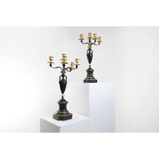 A pair of neoclassical-style patinated bronze and ormolu-mounted candelabra