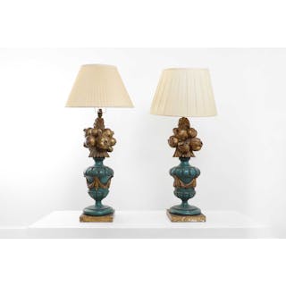 A pair of painted wooden table lamps