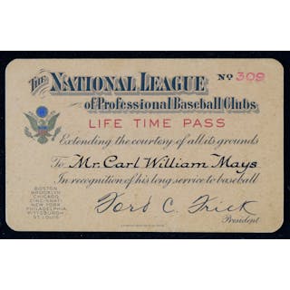 Carl Mays National League lifetime pass (EX/MT)