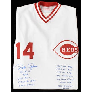 Pete Rose signed and multi-inscribed Cincinnati Reds stat jersey - PSA/DNA (NM)